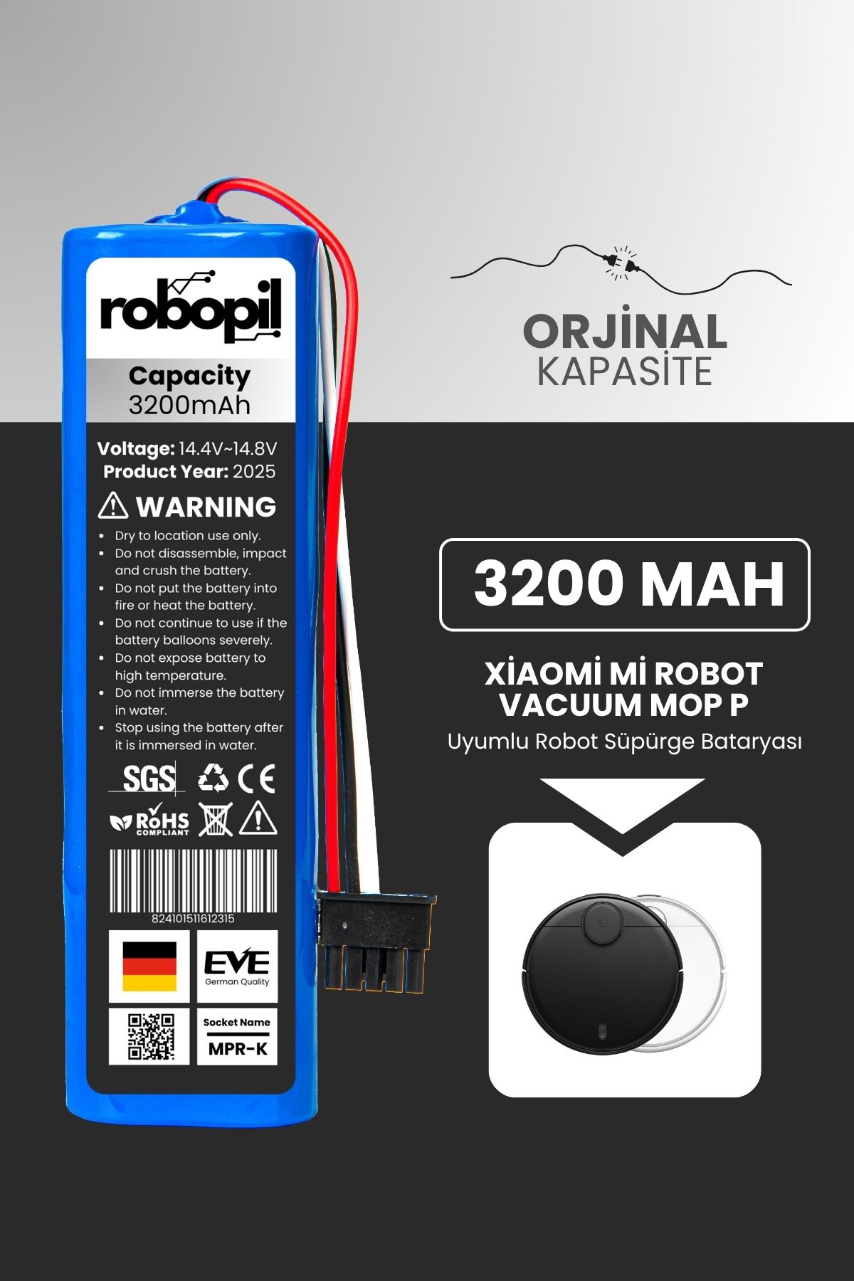 ROBOPİL Xiaomi Mi Robot Vacuum Mop P Uyumlu Batarya (STANDART KAPASİTE) 3200mah Pil Robot Süpürge Bataryası