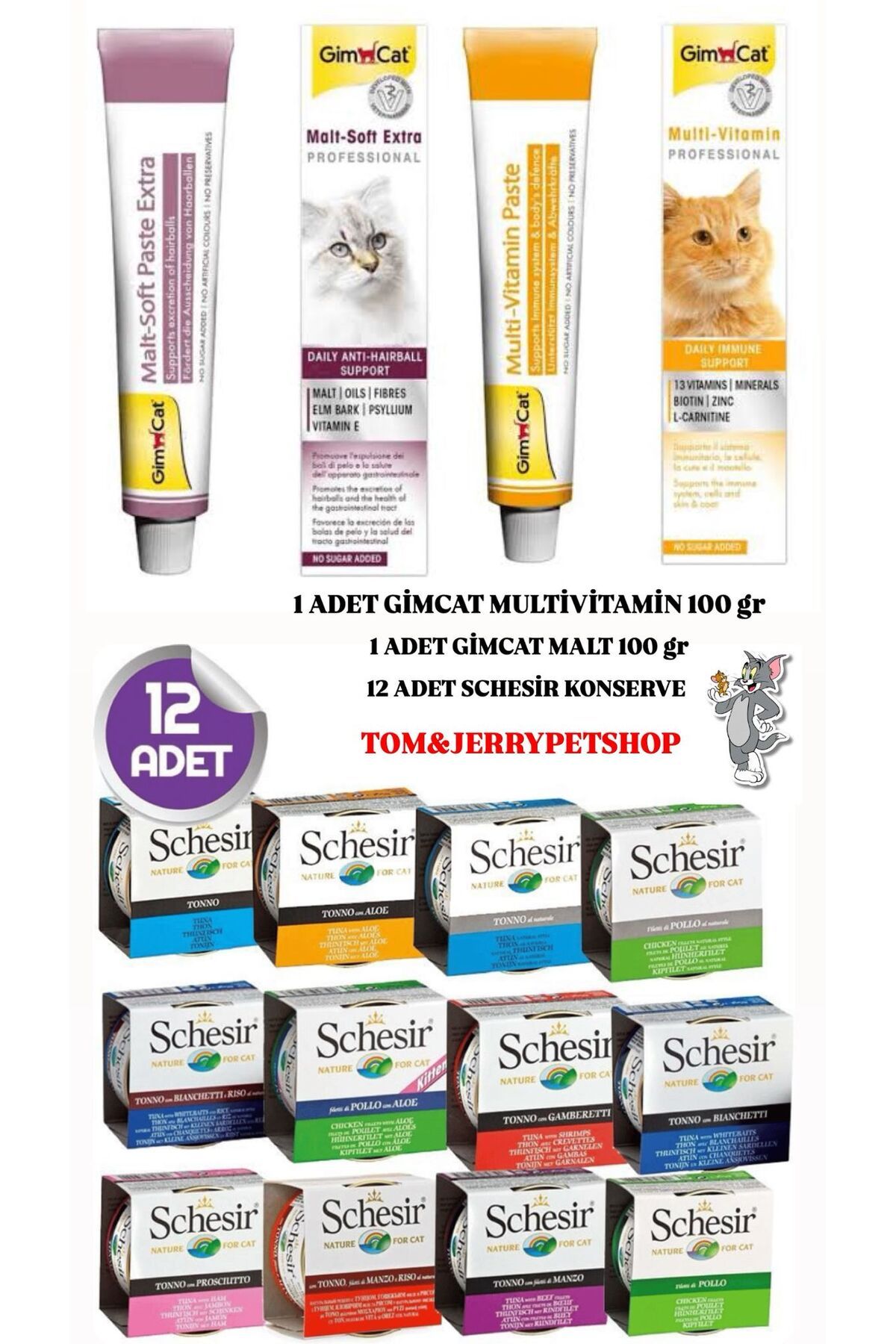Gimcat GİMCAT MALT 100 GR-GİMCAT MULTİVİTAMİN 100 GR-12 ADET SCHESİR KONSERVE KARIŞIK SET