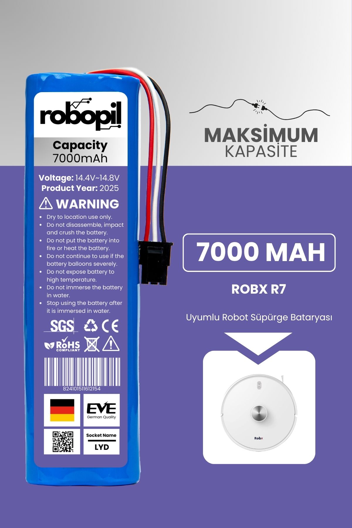 ROBOPİL Robx R7 Uyumlu Batarya (MAKSİMUM KAPASİTE) 7000mah Pil Robot Süpürge Bataryası Değişimi