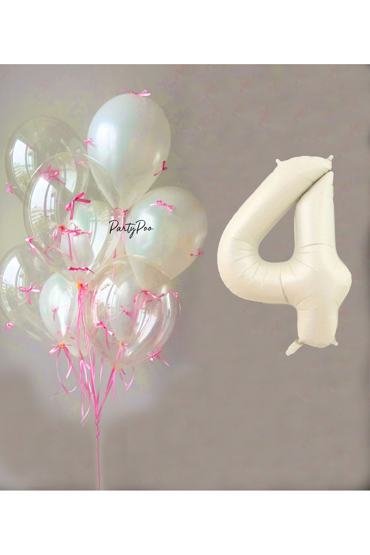 PartyPoo Pembe Fiyonklu Şeffaf Beyaz Balon Seti + Krem Rakam Folyo Balon – 11'li Doğum Günü Parti Süsü