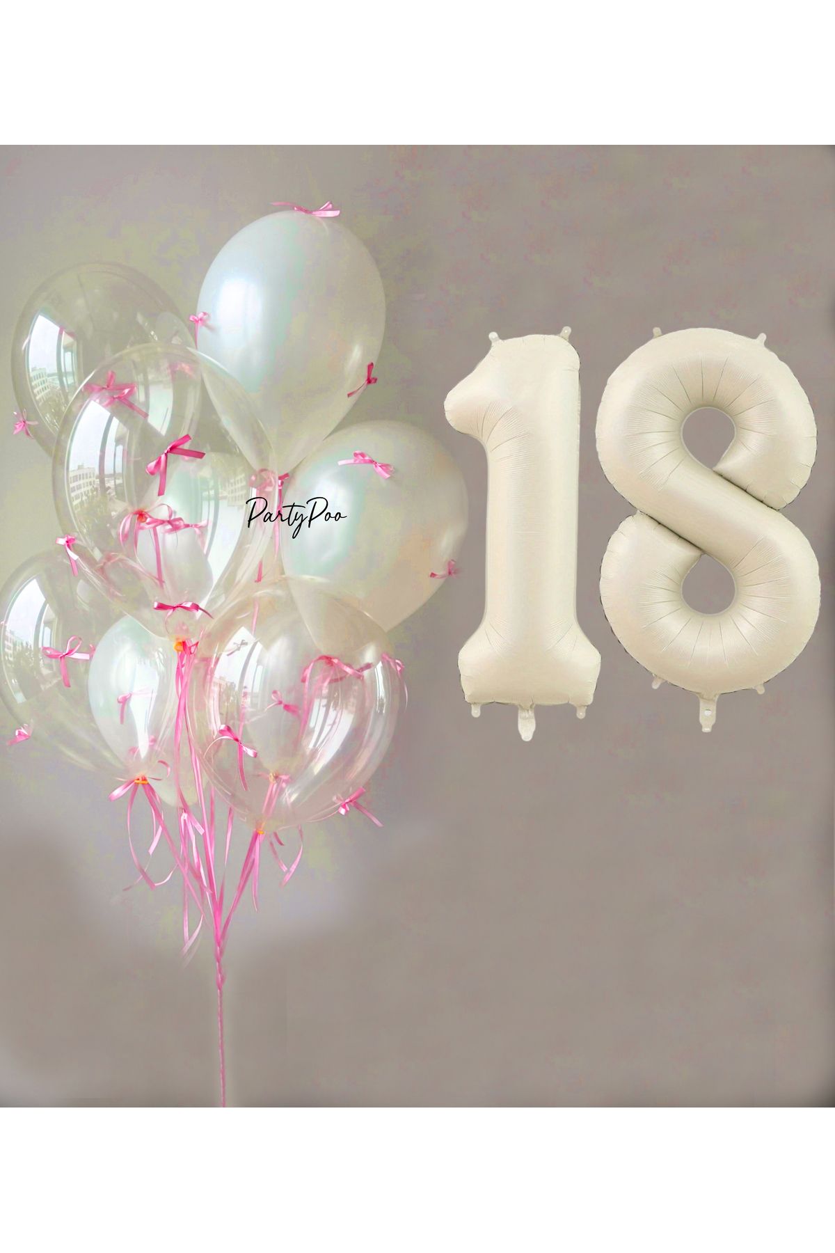 PartyPoo Pembe Fiyonklu Şeffaf Beyaz Balon Seti + Krem Rakam Folyo Balon – 11'li Doğum Günü Parti Süsü