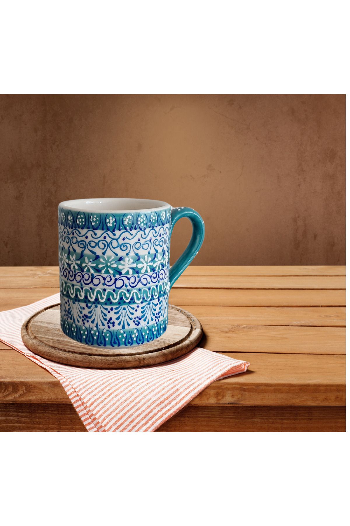 Artiser Klasik çini desenli seramik kupa, Seramik mug, El yapımı seramik kupa, Su yeşili seramik kupa