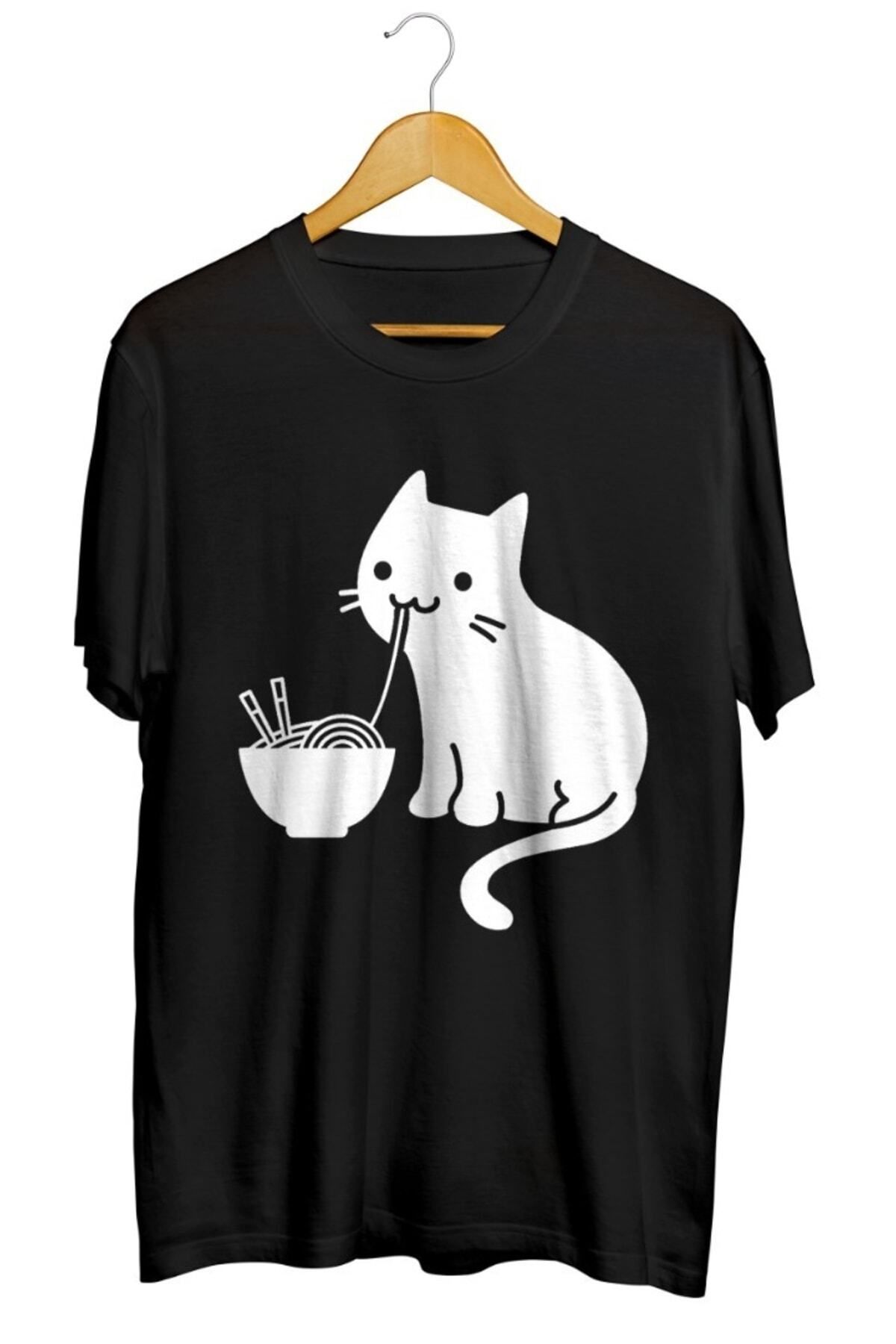 Miba Store Ramen Yiyen Kedi Baskılı Unisex Tişört