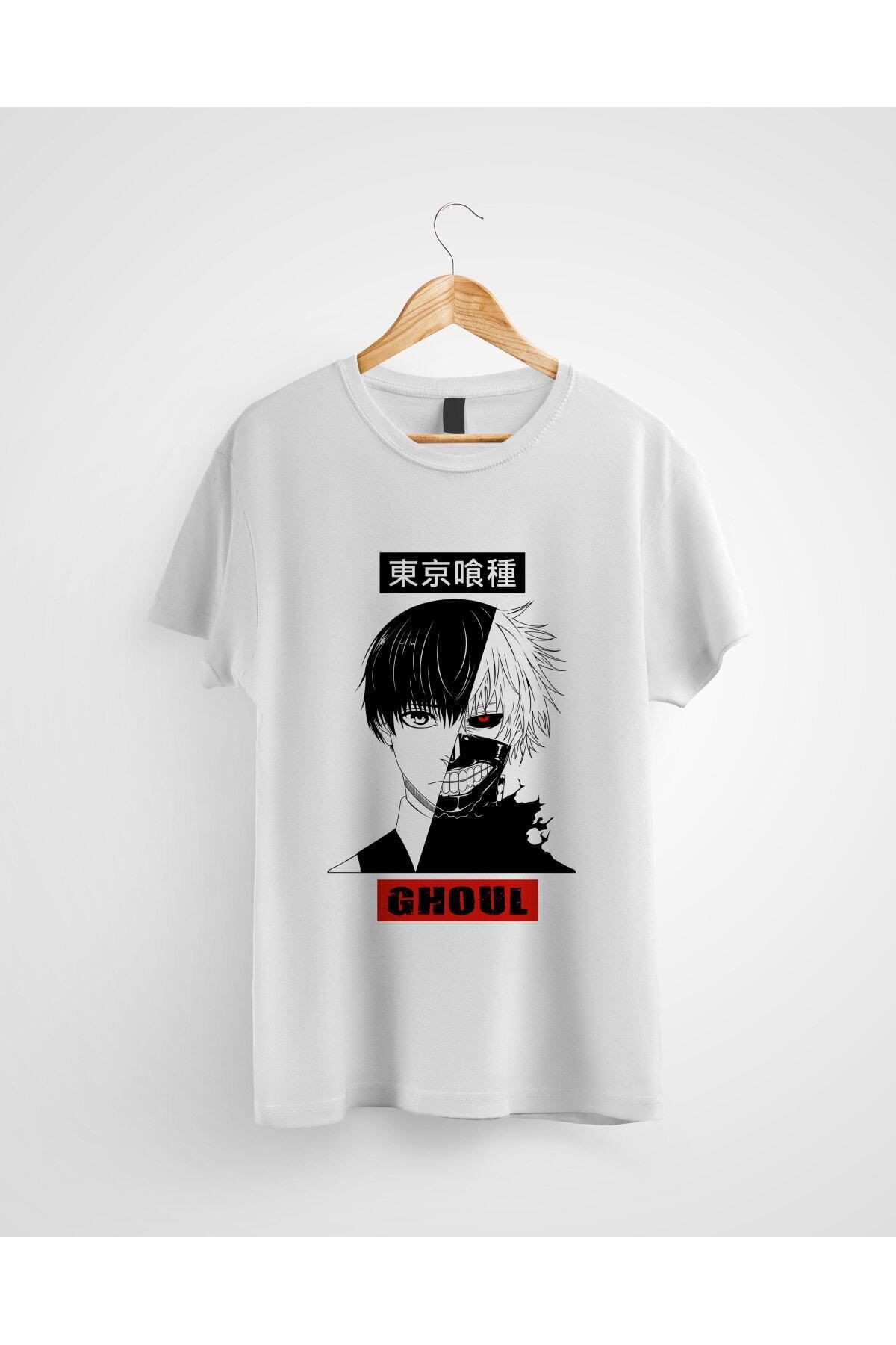 Miba Store Unisex Beyaz Tokyo Ghoul Ken Kaneki Anime Baskılı Tişört