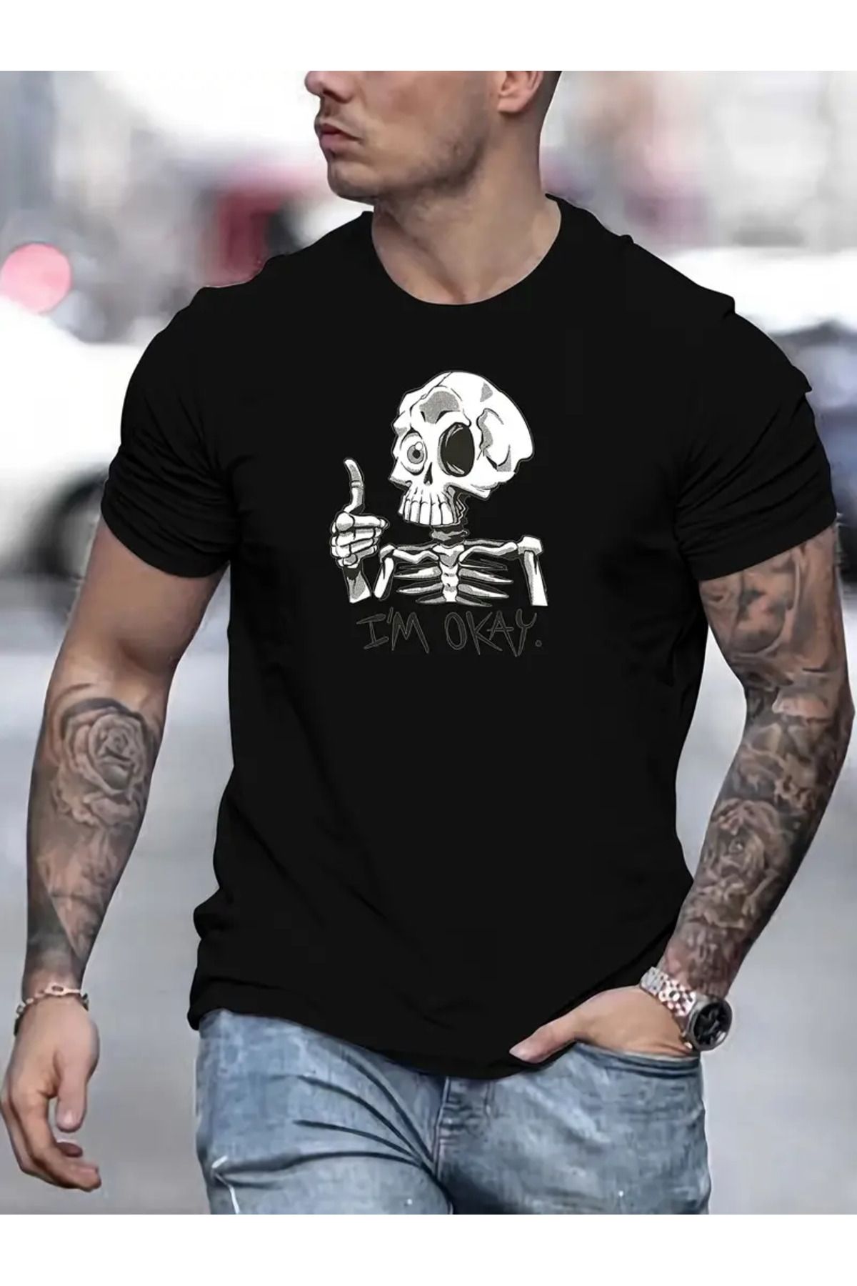 AEMİ Unisex I'M Okay Skeleton Baskılı Oversize Bisiklet Yaka T-shirt