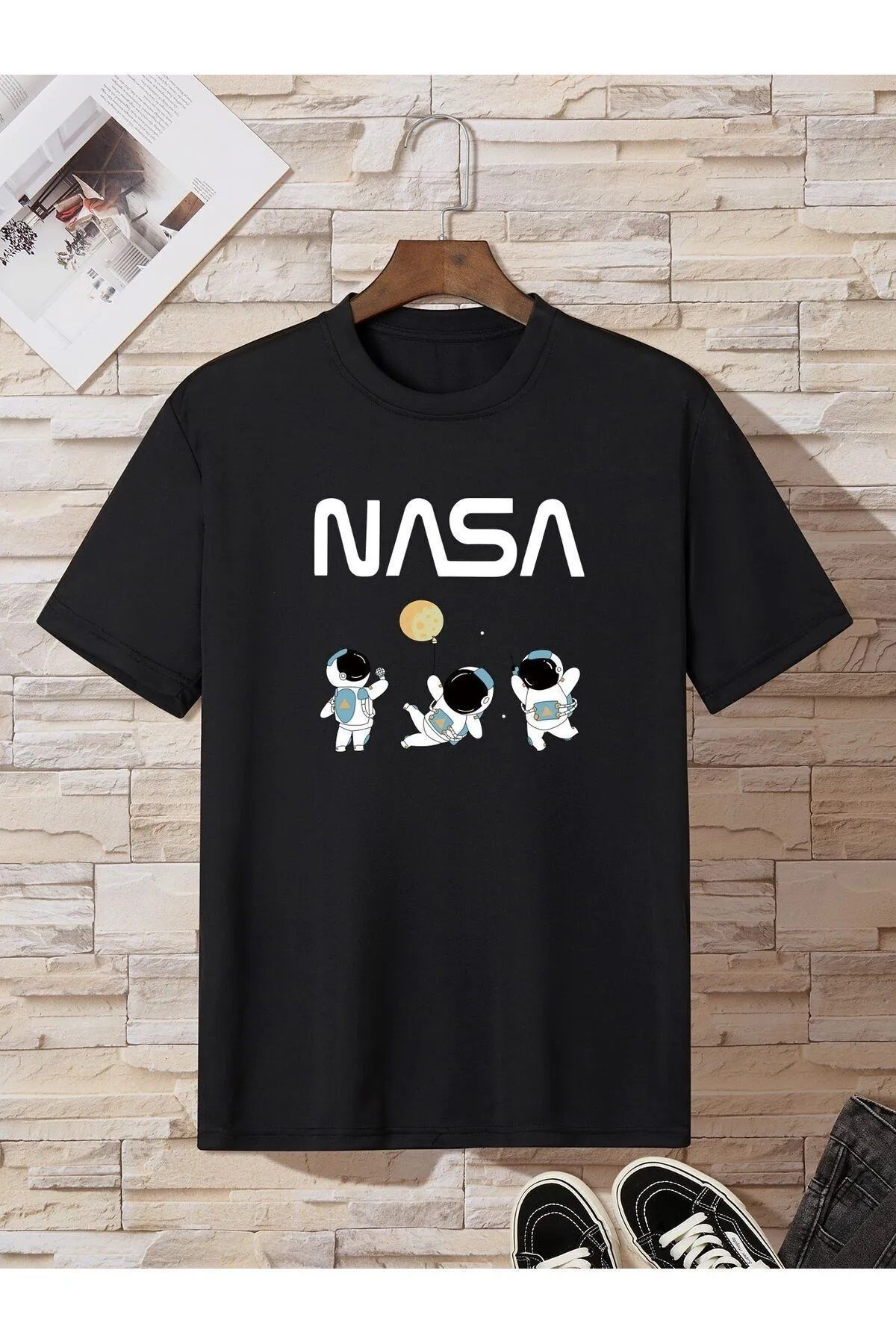 Hunors Sportswear & Company Unisex Kadın/Erkek Oversize Nasa Baskılı Pamuklu Bisiklet Yaka Kısa Kollu T-shirt