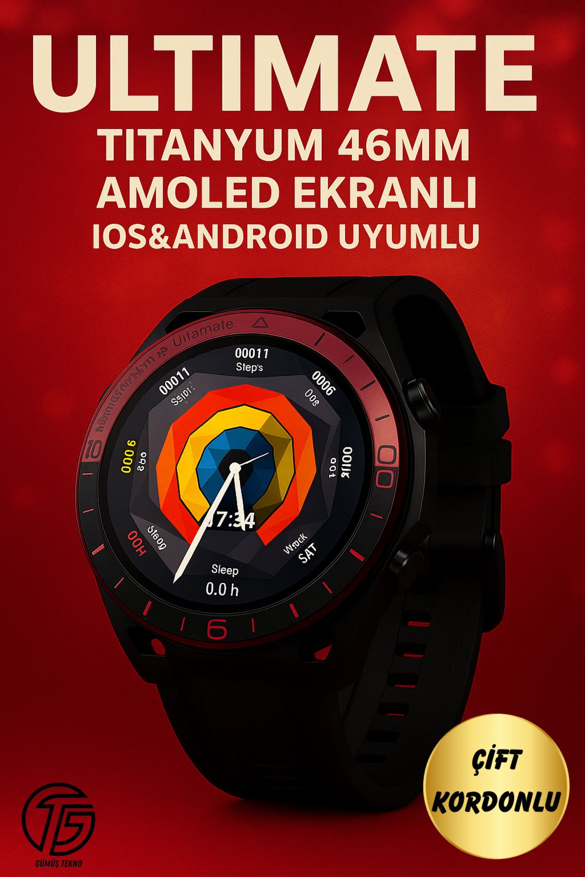GÜMÜŞTEKNO Ultimate Watch Akıllı Saat Amoled Ekran Çift Kordon Arama Bildirimler Yuvarlak Kasa Erkek Kol Saati