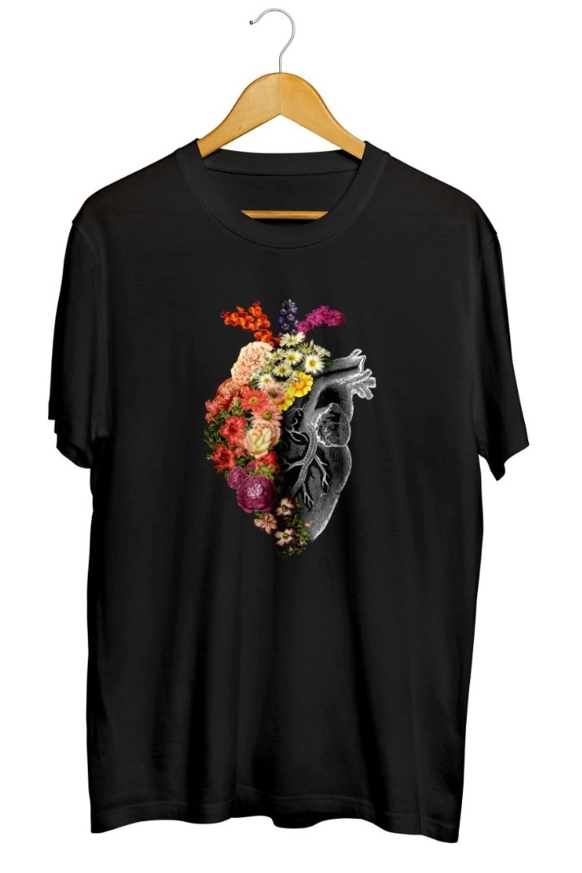 Miba Store Çiçekli Bahar Kalp Baskılı Unisex Tişört