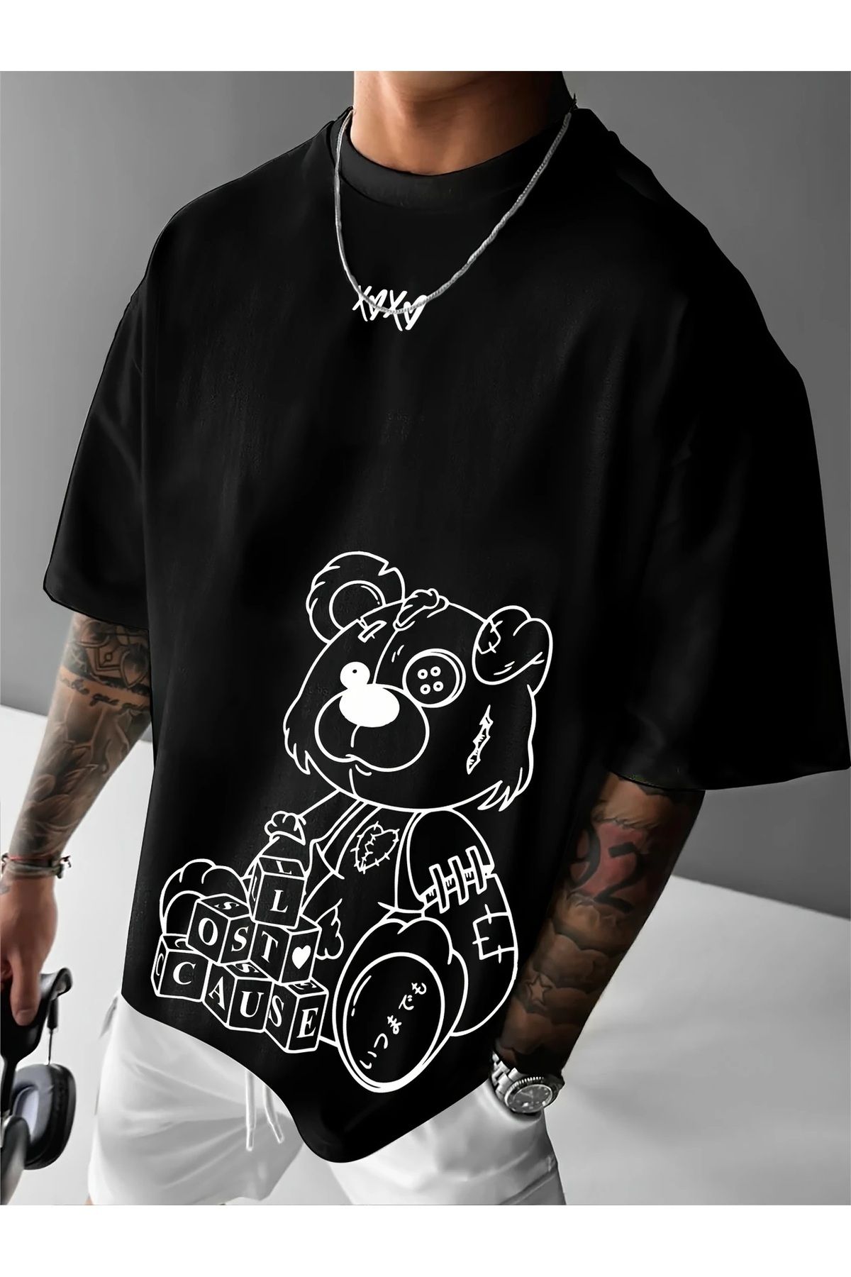 Hunors Sportswear & Company Unisex Kadın/Erkek Oversize Baskılı Pamuklu Bisiklet Yaka Kısa Kollu SİYAH T-shirt