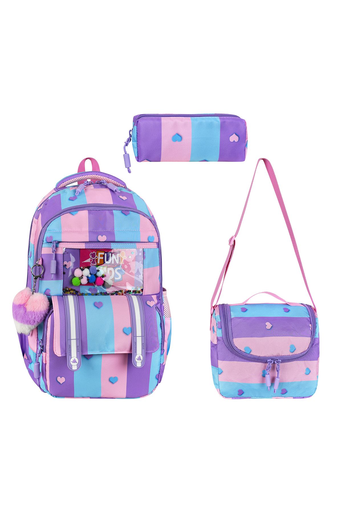 QL ACCESSORY Kalp desenli 3 lü set Lüx İlk Okul Çantası