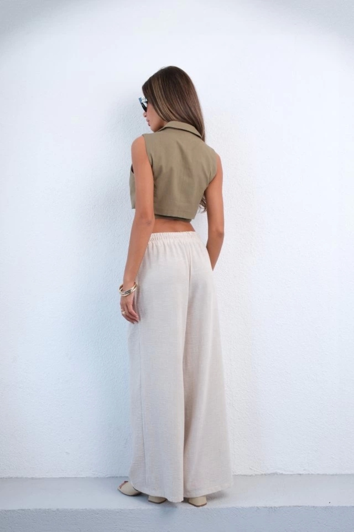 buHillco-Beige Women's Linen Trousers with Elastic Waist and Laces 4