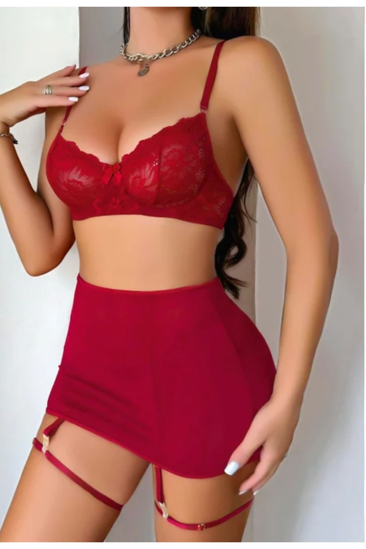 Ruselin Kadın Bordo Etek Fantazi Jartiyer Sexy Gecelik Takım 3833