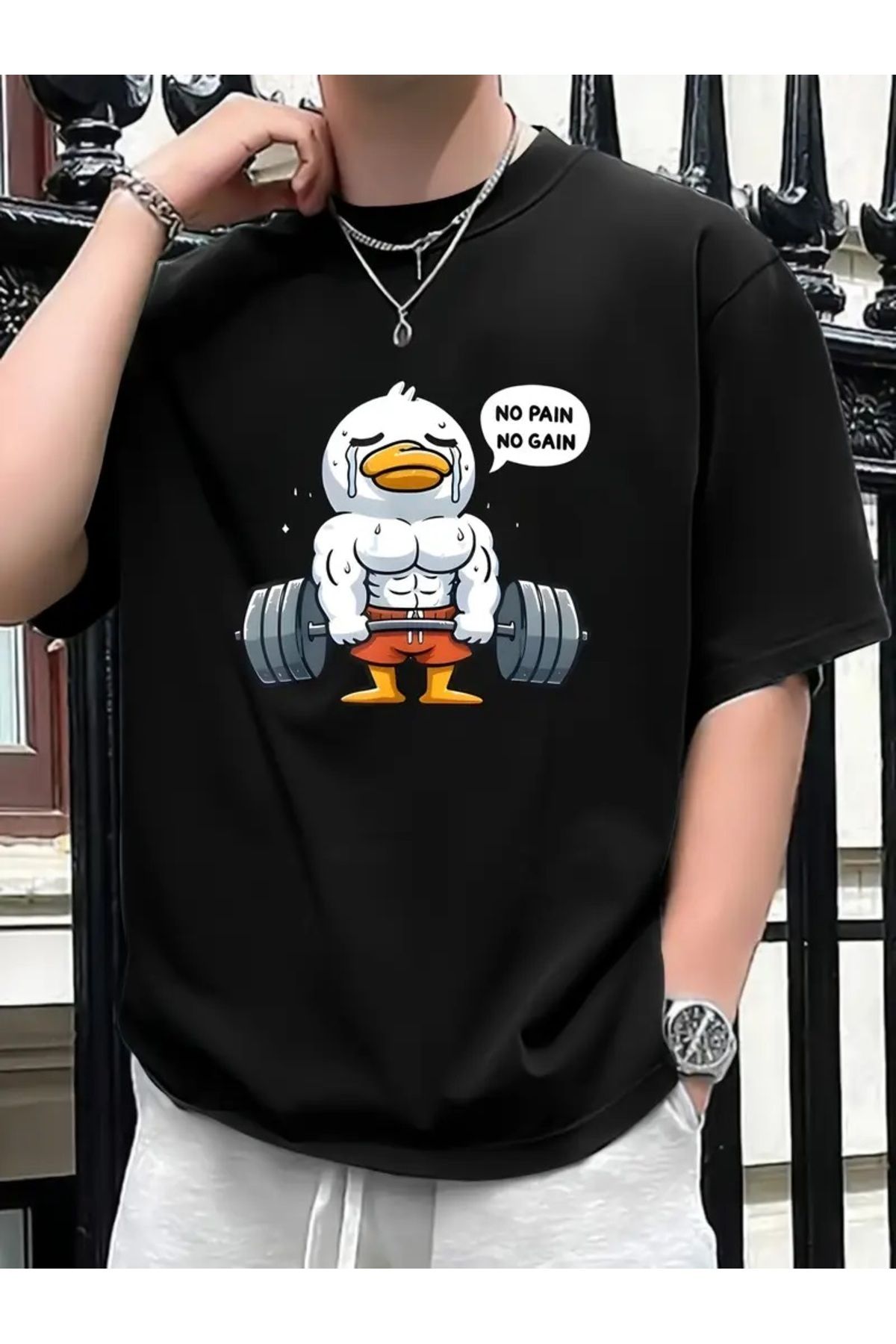 Hunors Sportswear & Company Unisex Kadın/Erkek Oversize Baskılı Pamuklu Bisiklet Yaka Kısa Kollu SİYAH T-shirt