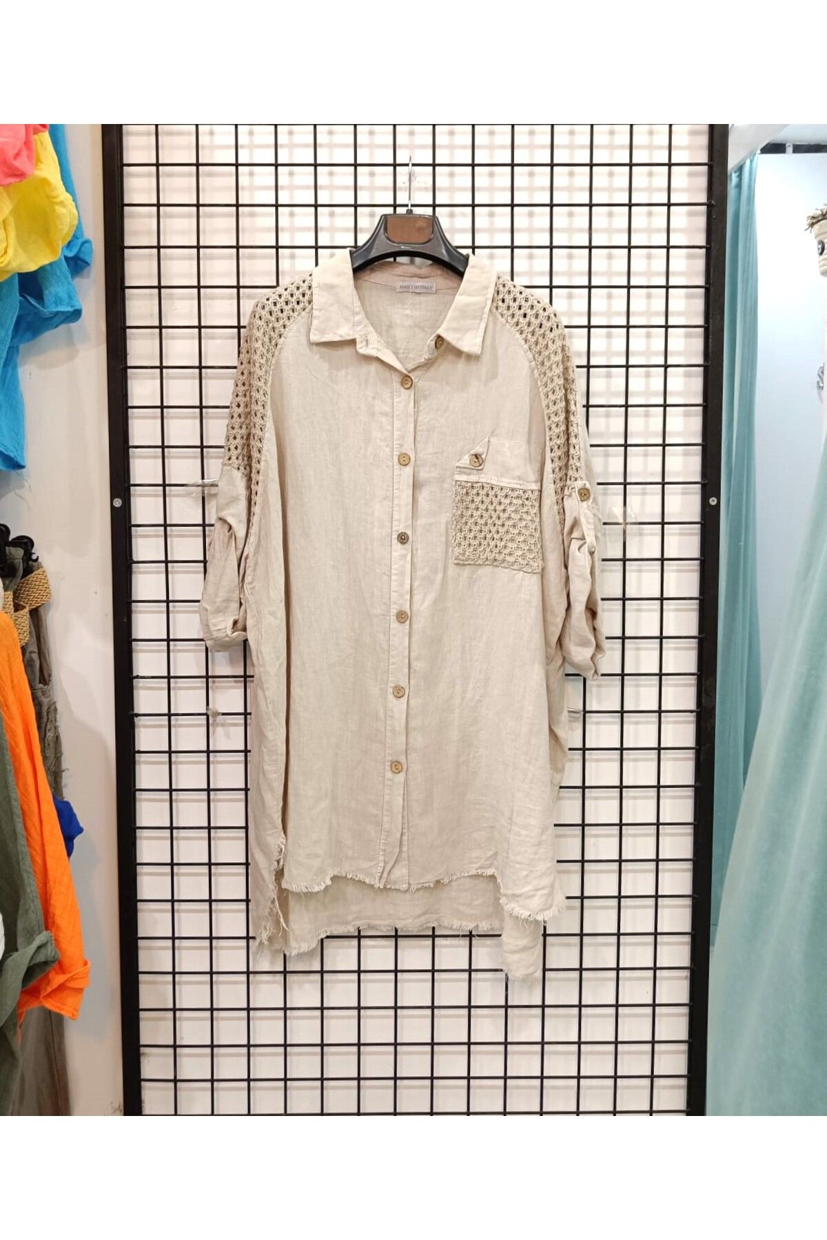Butik Şans File Detaylı Rahat Kesim İtalyan Keten Gömlek