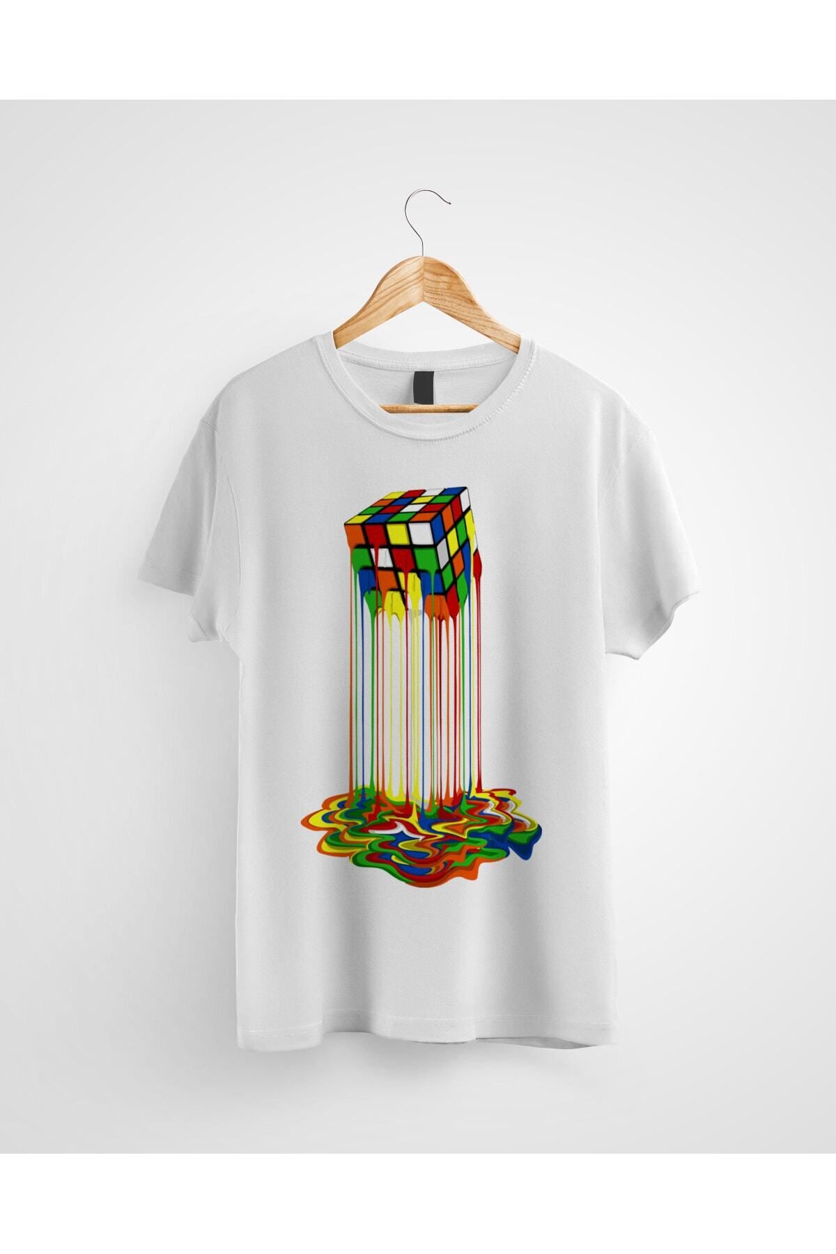 Miba Store Unisex Beyaz Eriyen Küp Baskılı T-Shirt