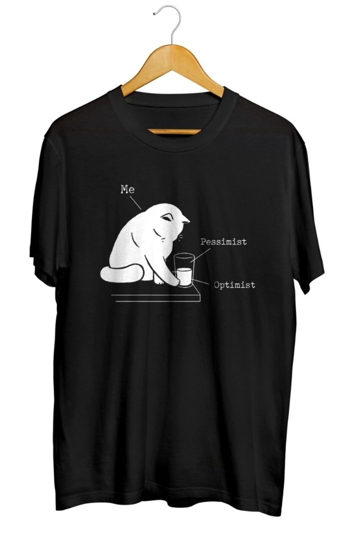 Miba Store Glass Graphic - Optimist And Pessimist Kedi Baskılı Unisex Tişört