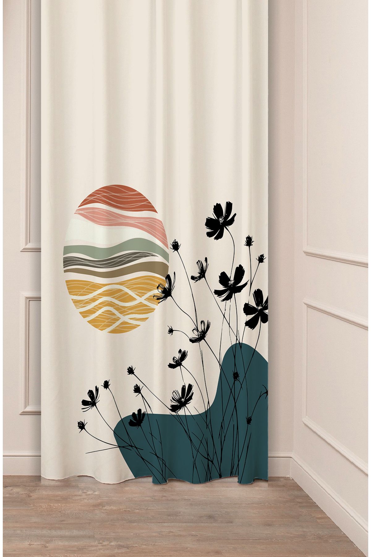 GREENDECOR Çiçek Bohem Minimalist Pastel Bej Soft Desenli Özel Tasarım Dijital Baskılı (Tek Kanat) Fon Perde