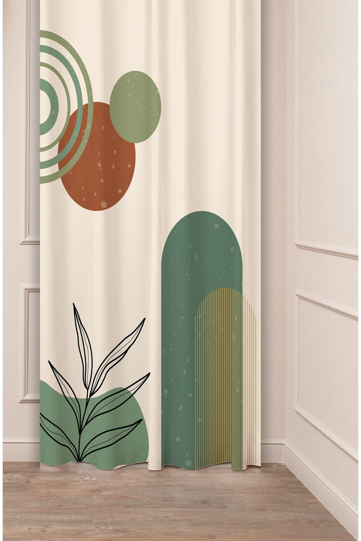 GREENDECOR Yaprak Bohem Minimalist Pastel Bej Krem Desenli Özel Tasarım Dijital Baskılı (Tek Kanat) Fon Perde