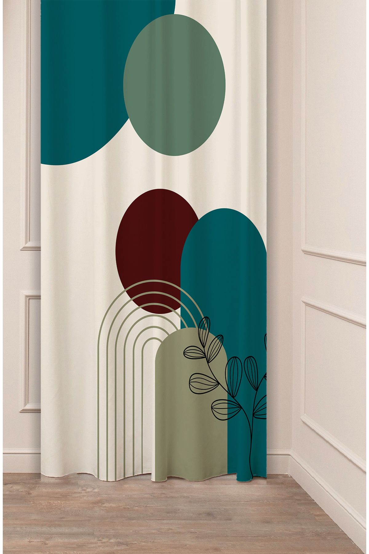 GREENDECOR Yaprak Bohem Minimalist Pastel Bej Krem Desenli Özel Tasarım Dijital Baskılı (Tek Kanat) Fon Perde
