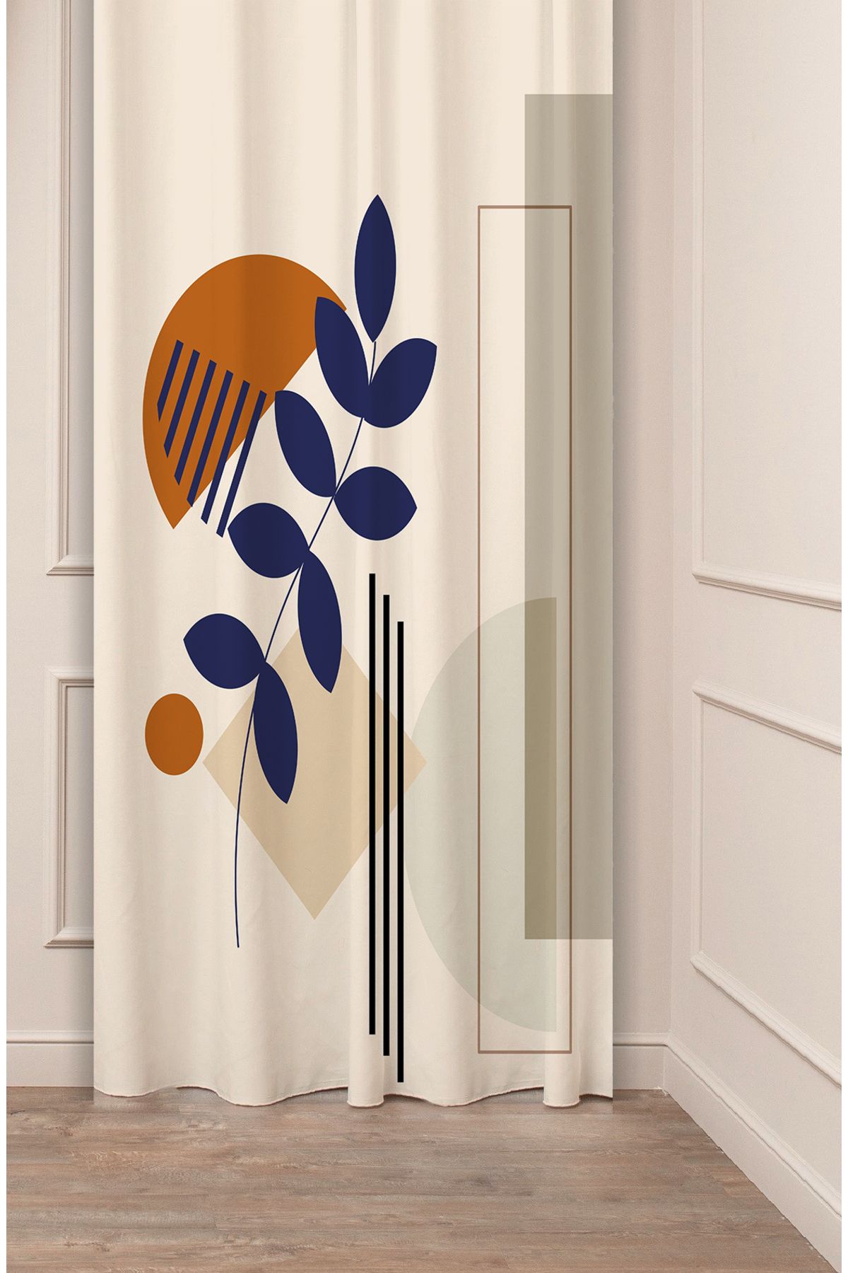 GREENDECOR Yaprak Bohem Minimalist Pastel Bej Krem Desenli Özel Tasarım Dijital Baskılı (Tek Kanat) Fon Perde