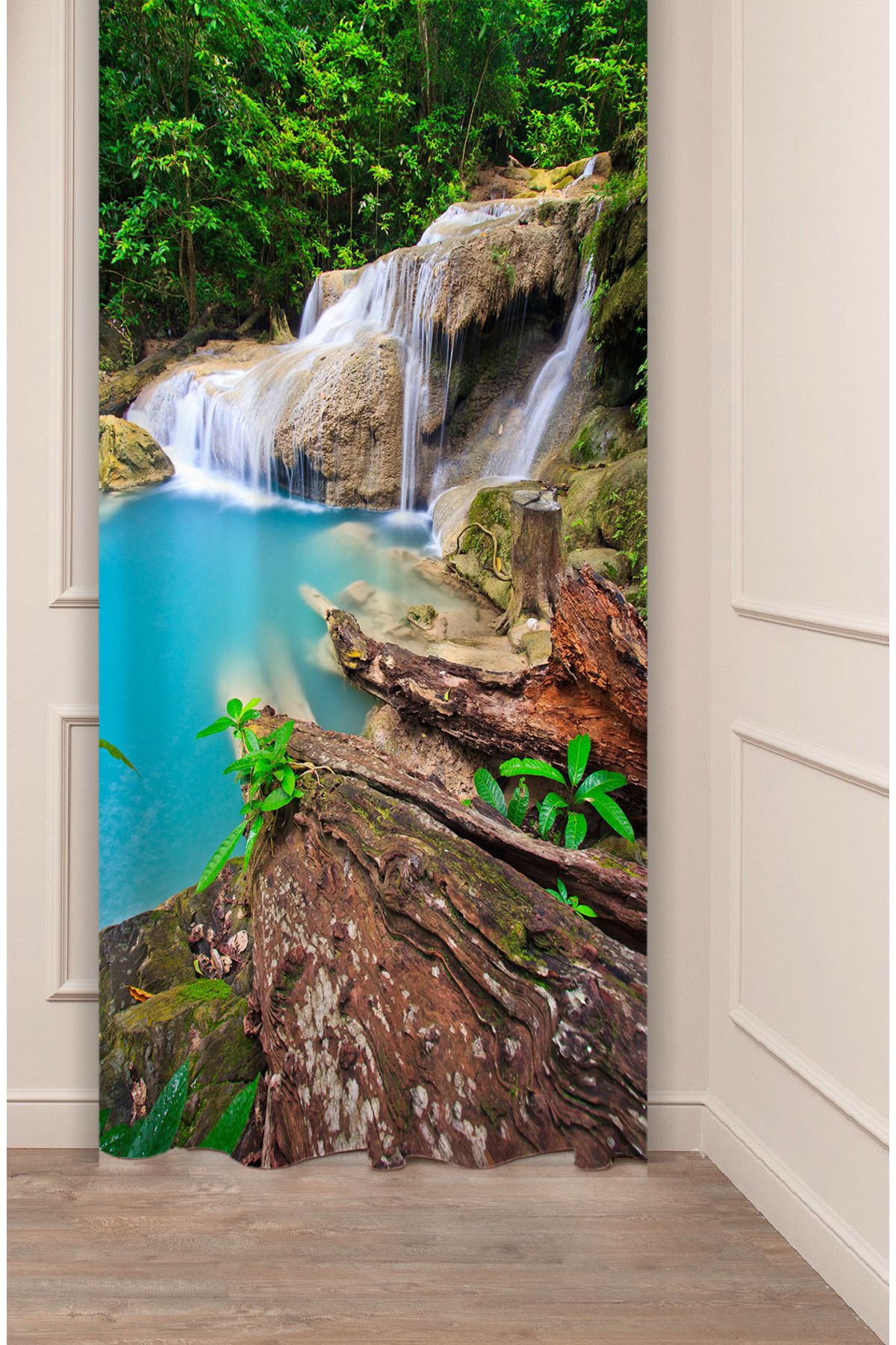 GREENDECOR Şelale Doğa Orman Ağaç Tabiat Manzara Özel Tasarım Dijital Baskılı (Tek Kanat) Modern Şık Fon Perde