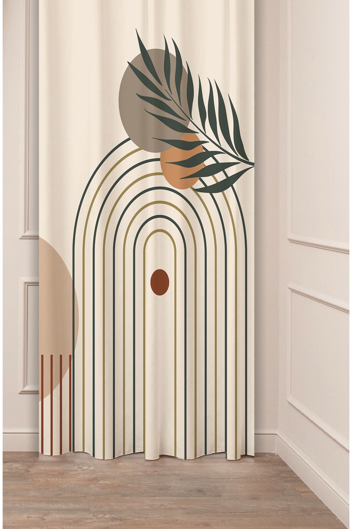 GREENDECOR Yaprak Bohem Minimalist Pastel Bej Krem Desenli Özel Tasarım Dijital Baskılı (Tek Kanat) Fon Perde