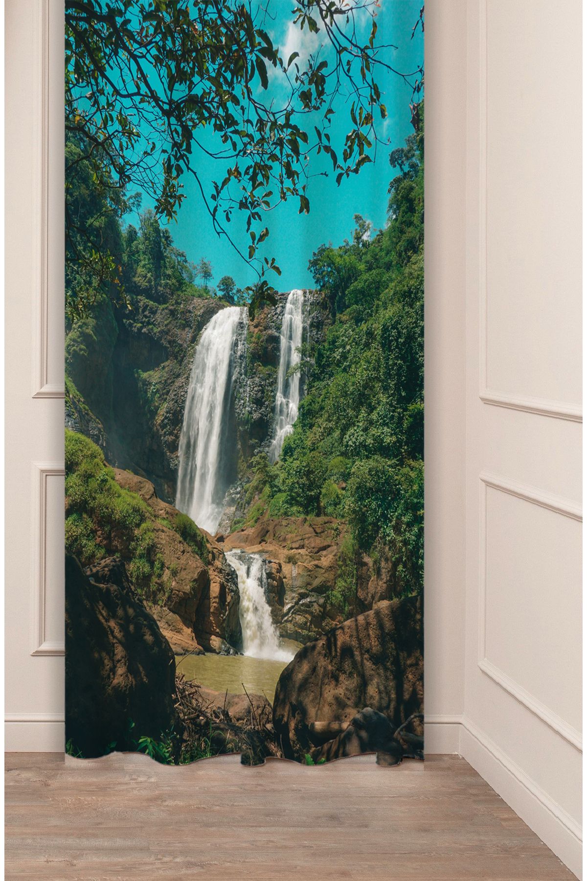 GREENDECOR Şelale Doğa Orman Ağaç Tabiat Manzara Özel Tasarım Dijital Baskılı (Tek Kanat) Modern Şık Fon Perde