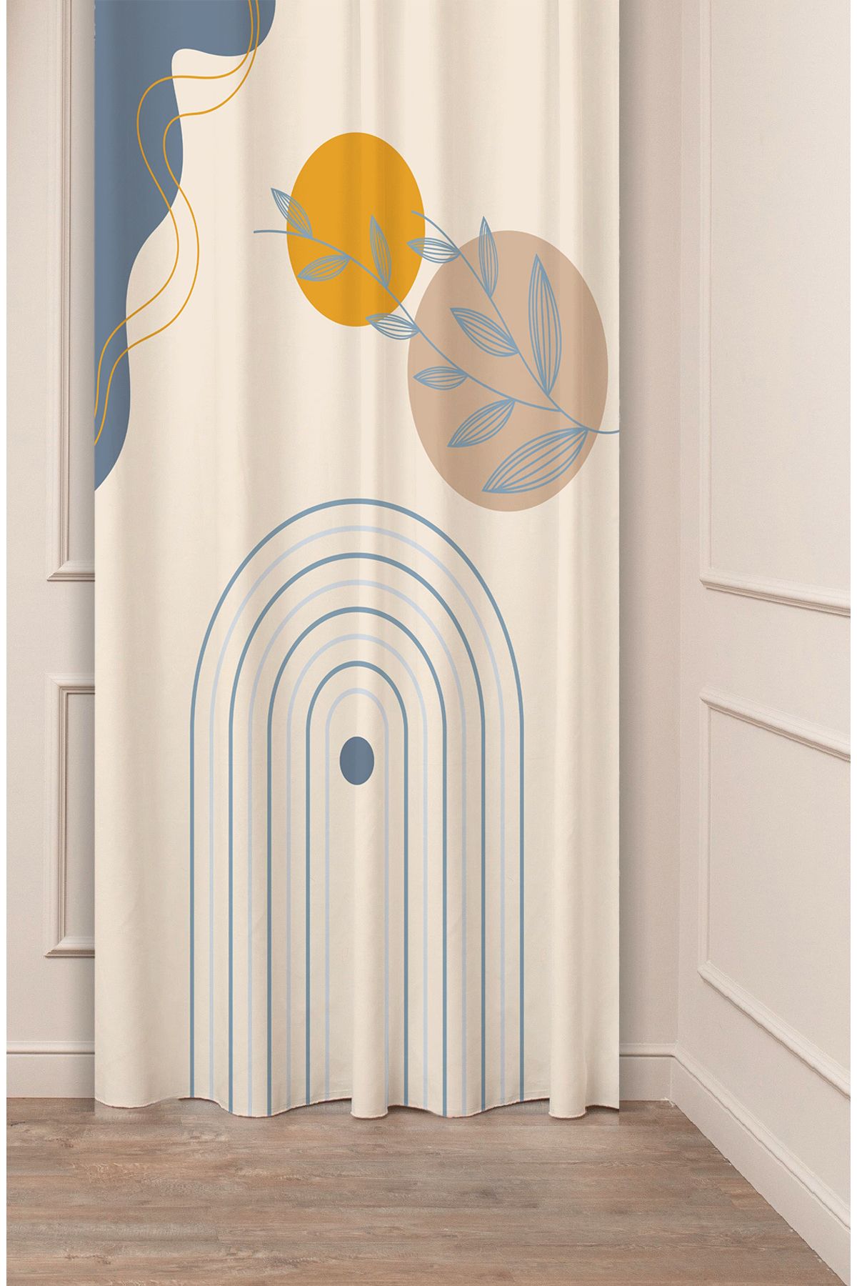 GREENDECOR Yaprak Bohem Mavi Soft Pastel Bej Krem Desenli Özel Tasarım Dijital Baskılı (Tek Kanat)Şık Fon Perde