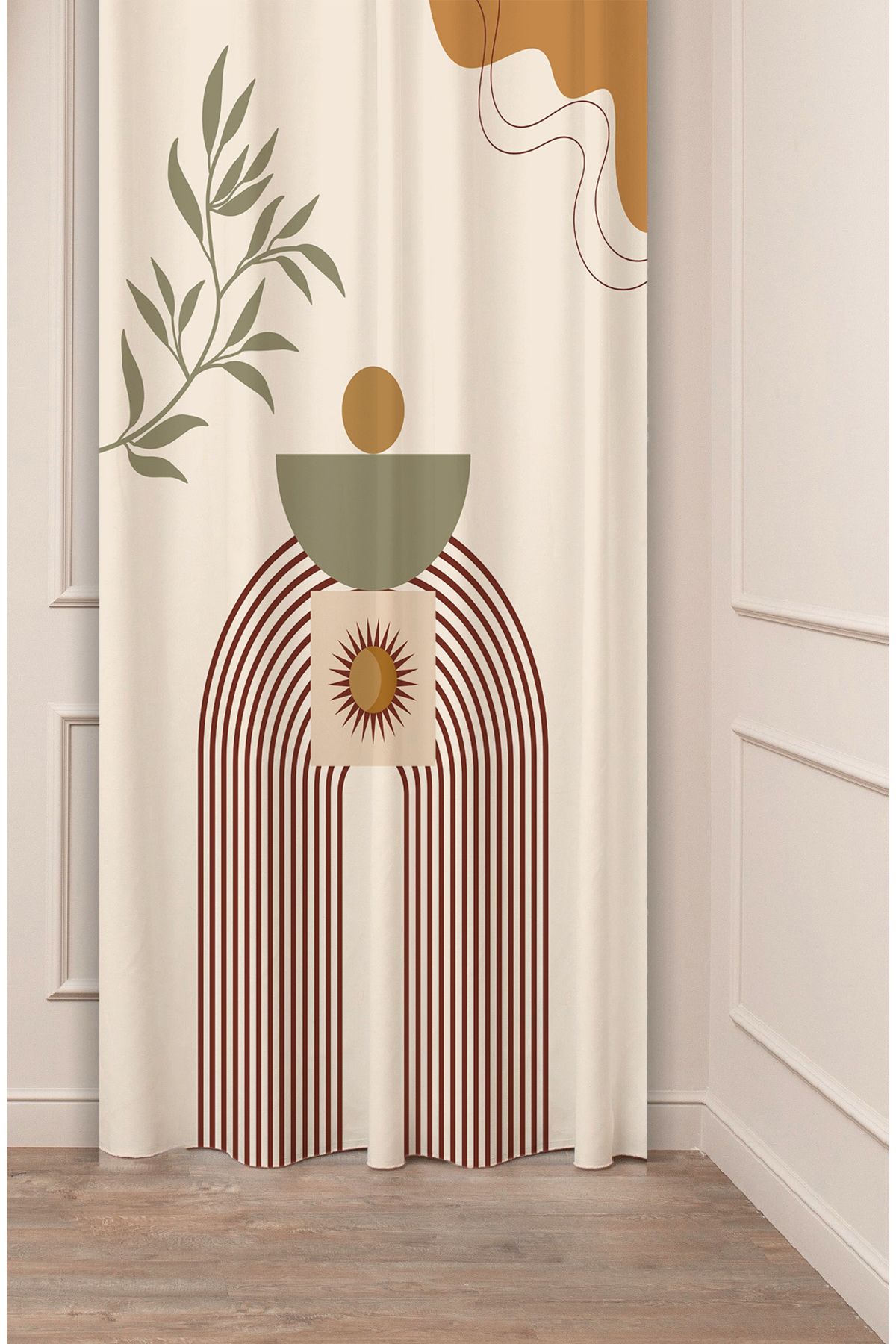 GREENDECOR Yaprak Bohem Minimalist Pastel Bej Krem Desenli Özel Tasarım Dijital Baskılı (Tek Kanat) Fon Perde