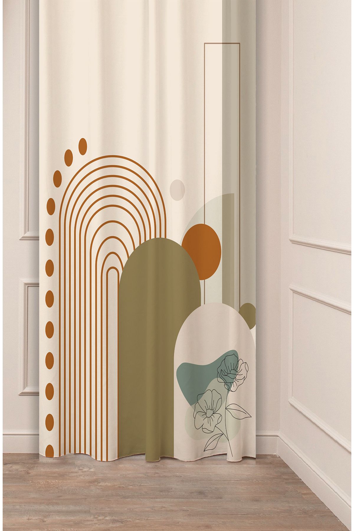GREENDECOR Yaprak Bohem Minimalist Pastel Bej Krem Desenli Özel Tasarım Dijital Baskılı (Tek Kanat) Fon Perde