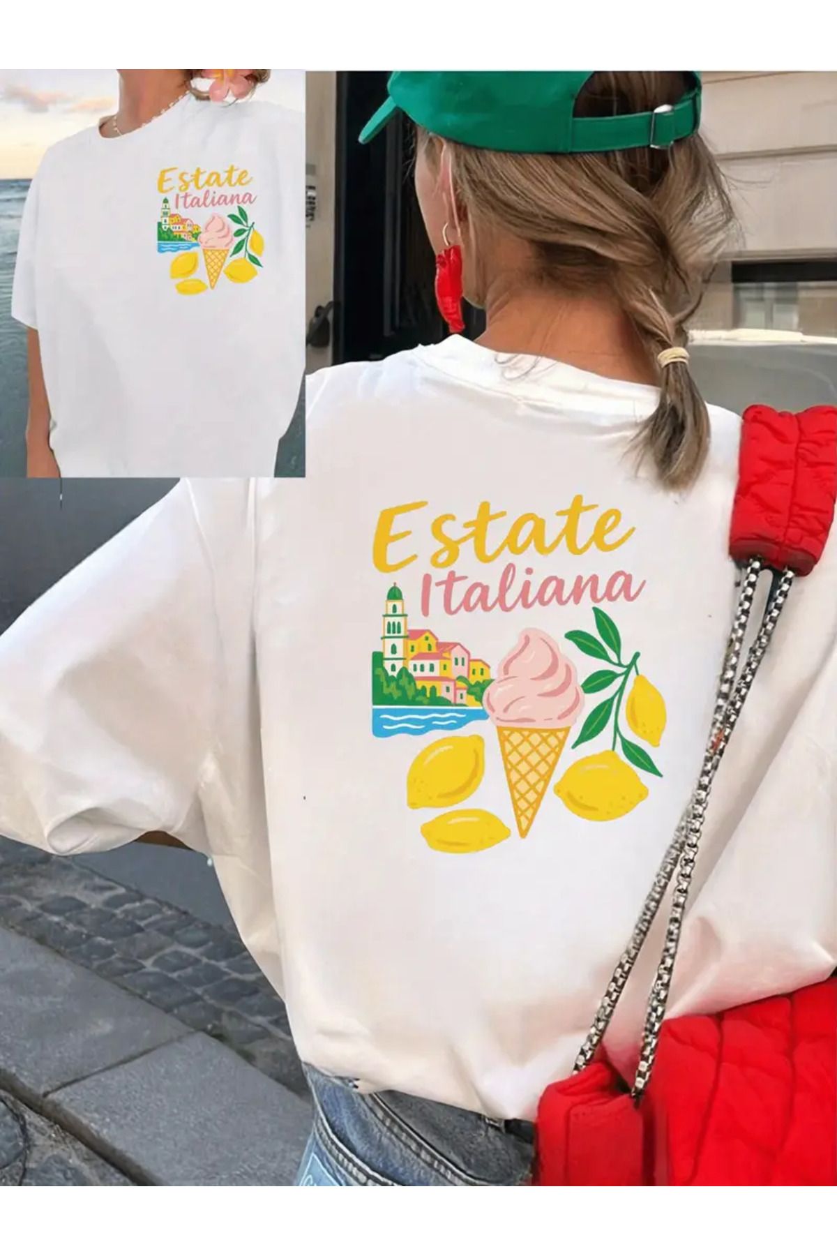 AEMİ Kadın Estate İtaliana Baskılı Oversize Bisiklet Yaka T-shirt