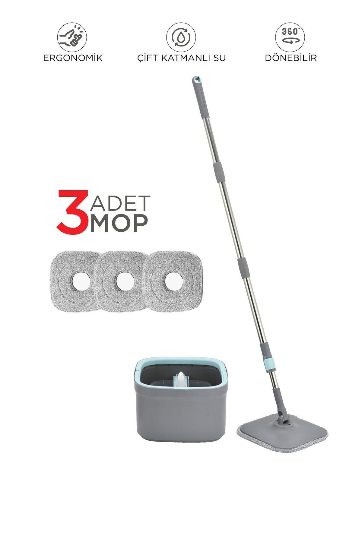 Başkenttekno Temiz Kirli Suyu Ayıran Otomatik Temizlik Seti 3 Mop Bezli Paspas