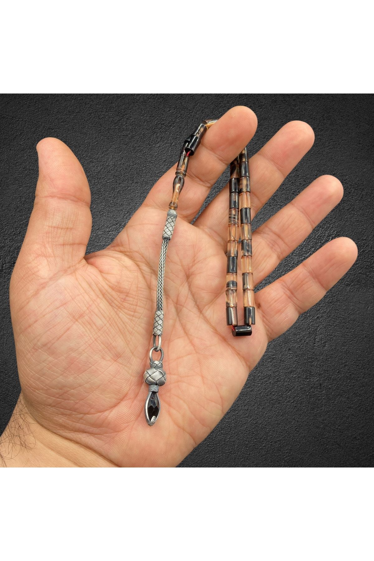 Kt 5x8 mm BÜROKRAT BOY HARELİ ATEŞ KEHRİBAR TESBİH 1000 AYAR GÜMÜŞ KAZAZ PÜSKÜLLÜ