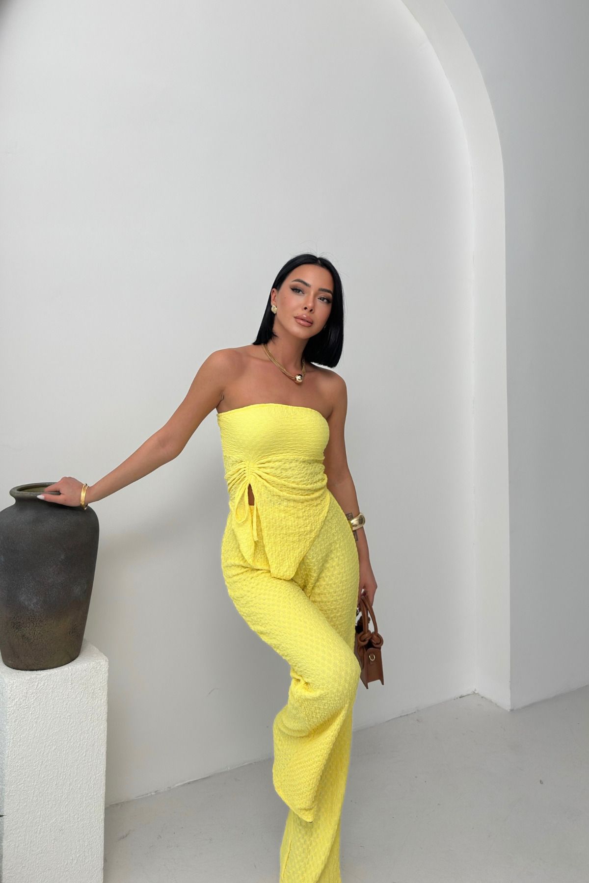 Sorridi Straplez Yanı Büzgülü Pantolonlu 2’li Takım