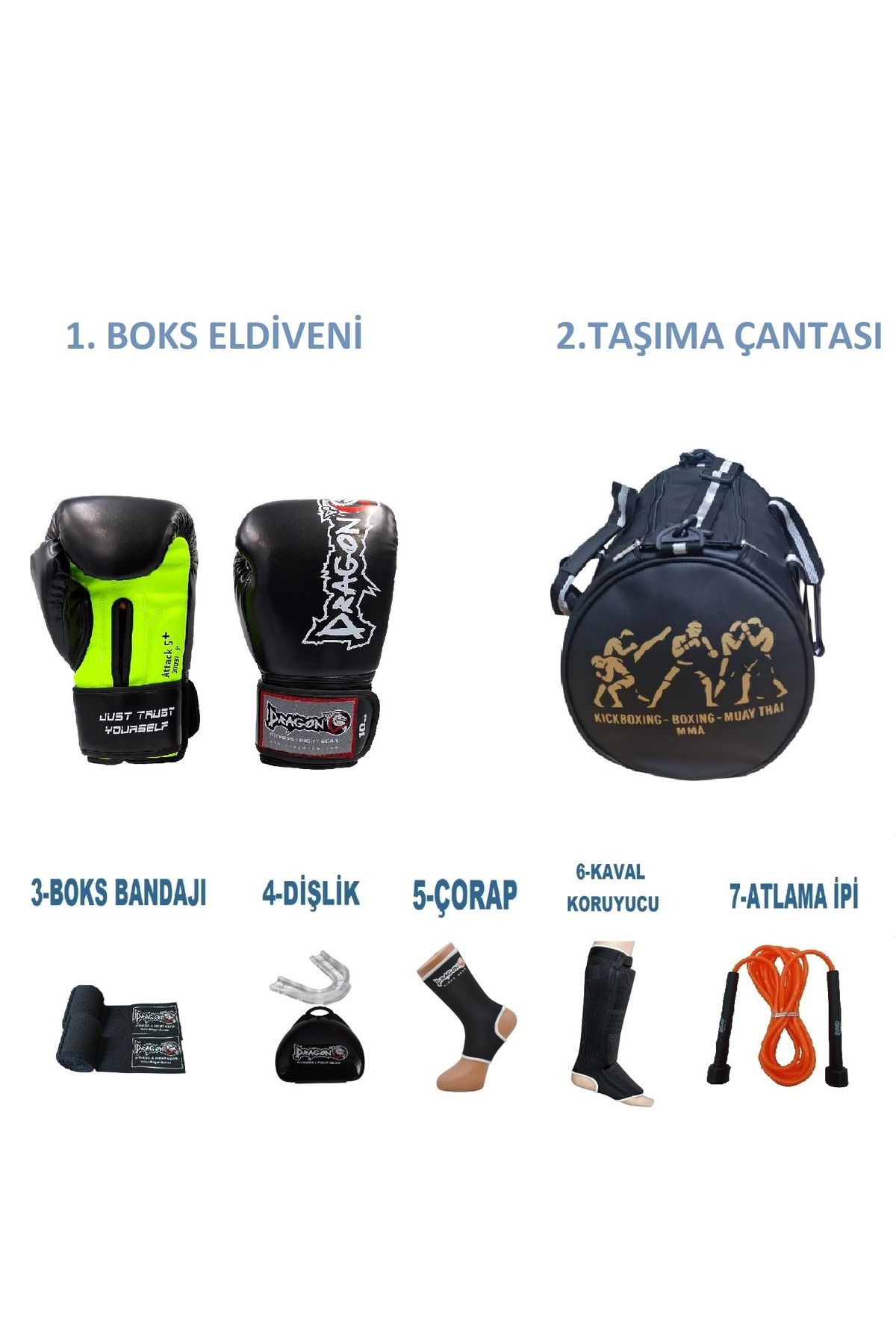 Dragondo Gifttoom, Kıck Boks Boks Muay Thai Mma Sporcu Çantalı Antrenman Seti, Attack 5 Dragon Boks Eldiveni