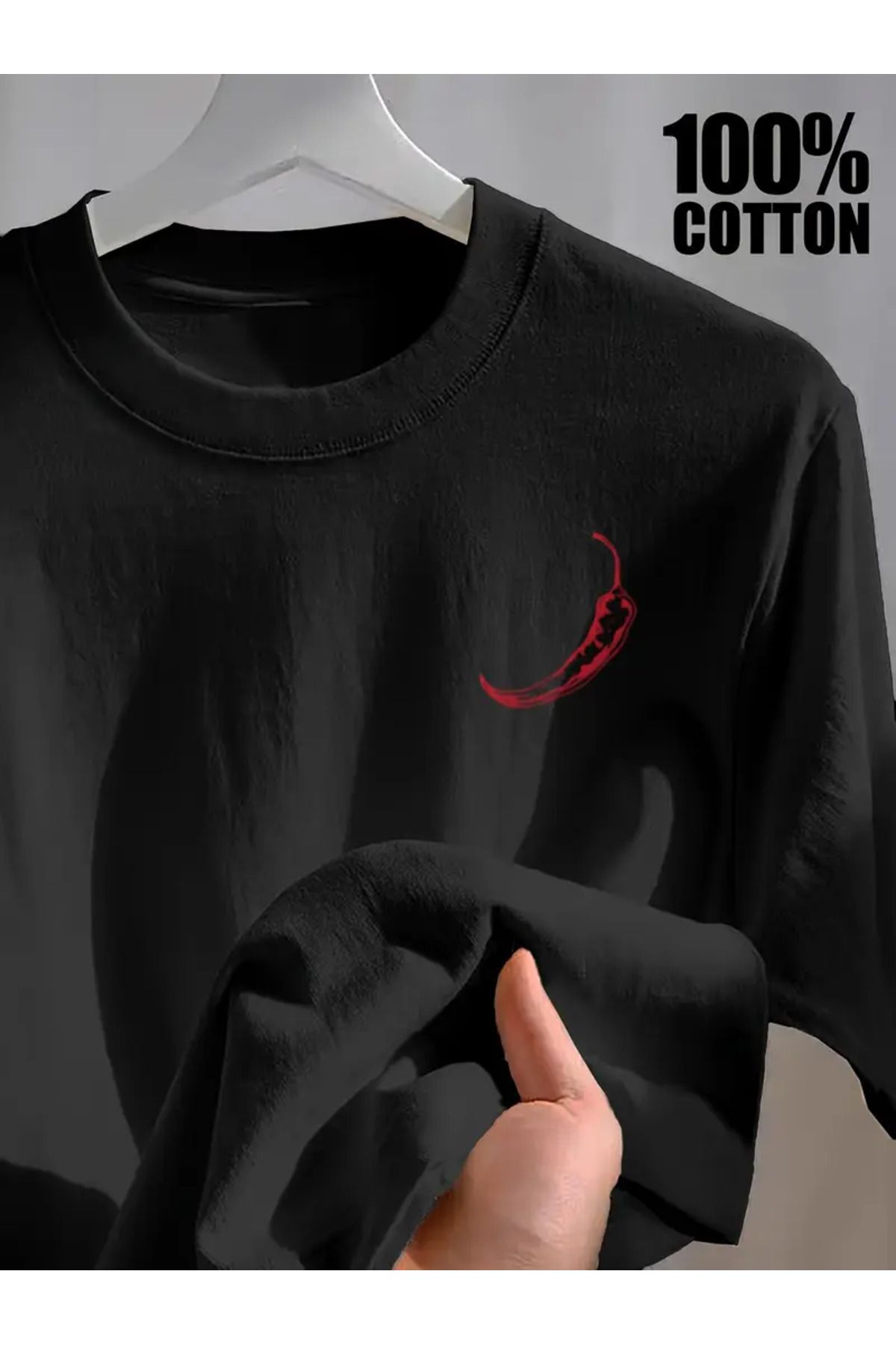 AEMİ Unisex Red Hot Pepper Baskılı Oversize Bisiklet Yaka T-shirt