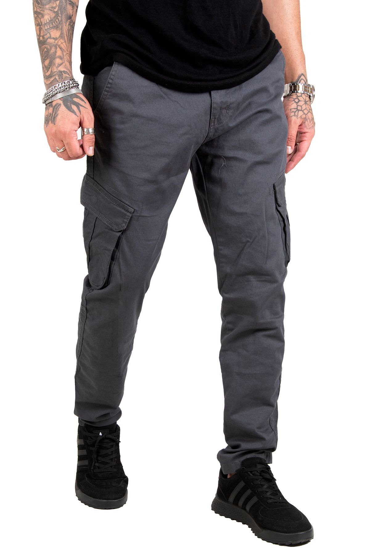 Rizz up Erkek Antrasit Önü Fermuarlı Yan Cepler ÇıtÇıtlı Dar Paça Kargo Pantolon 1901587