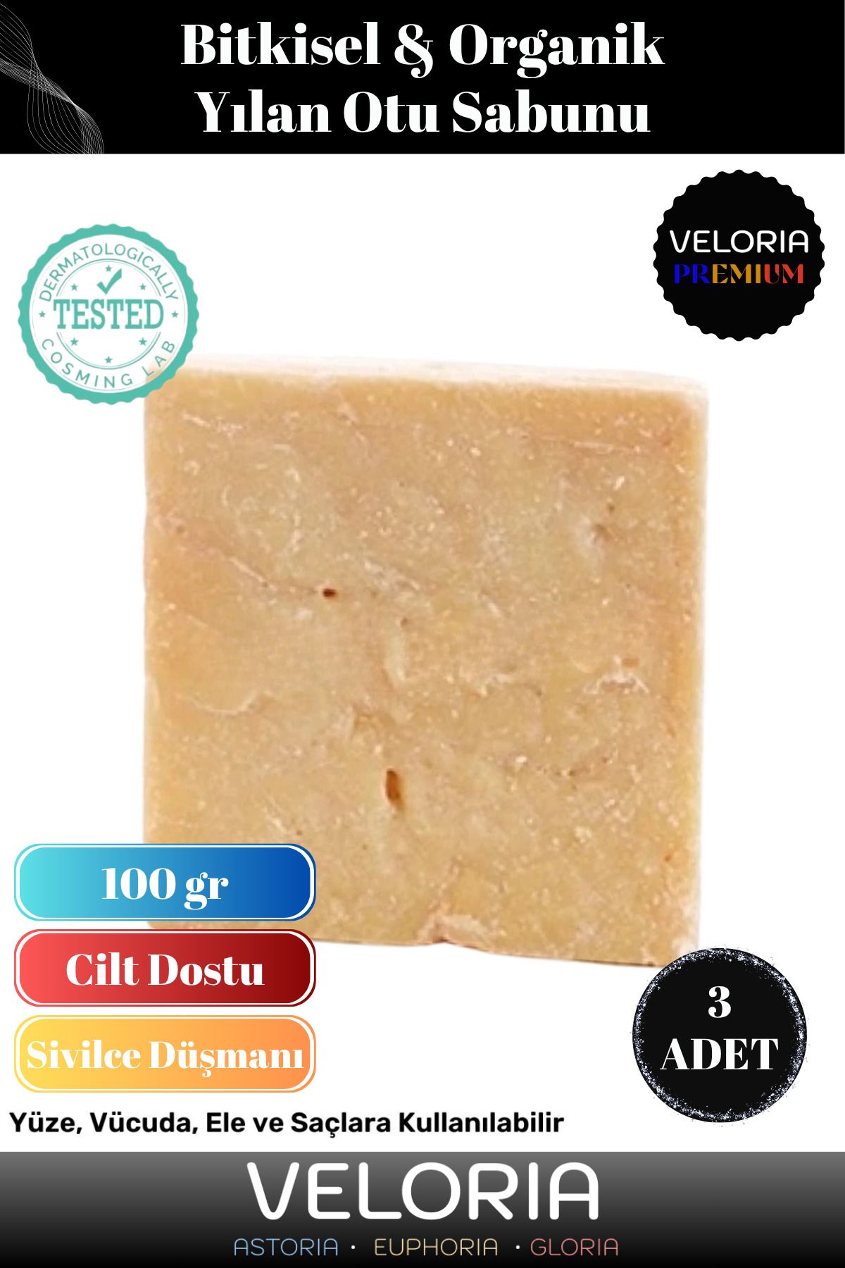 Veloria Premium %100 Doğal Organik Yüz Saç Vücut Cilt Dengeleyici Güzel Kokulu Yılan Yağı Otu Sabunu 3 Adet