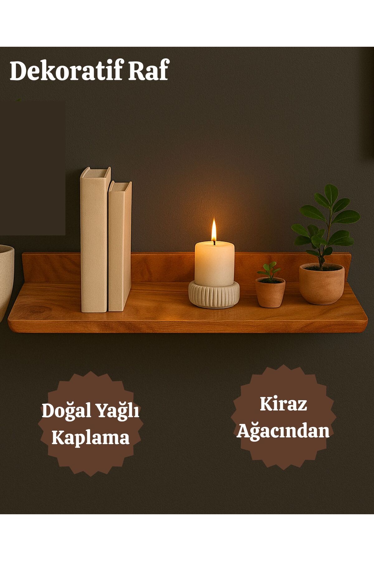 NeFizzDoğa Dekoratif Ahşap Raf (El Yapımı Kiraz Ağacı)- 70x14 cm