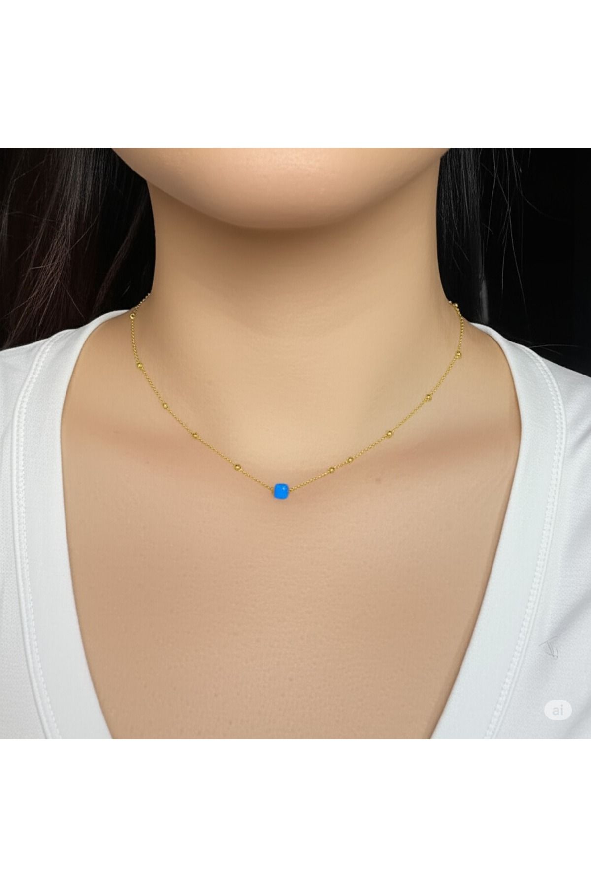 BLİSTAV mavi taşlı Gold zincir rengi kolye paslanmaz kararmaz