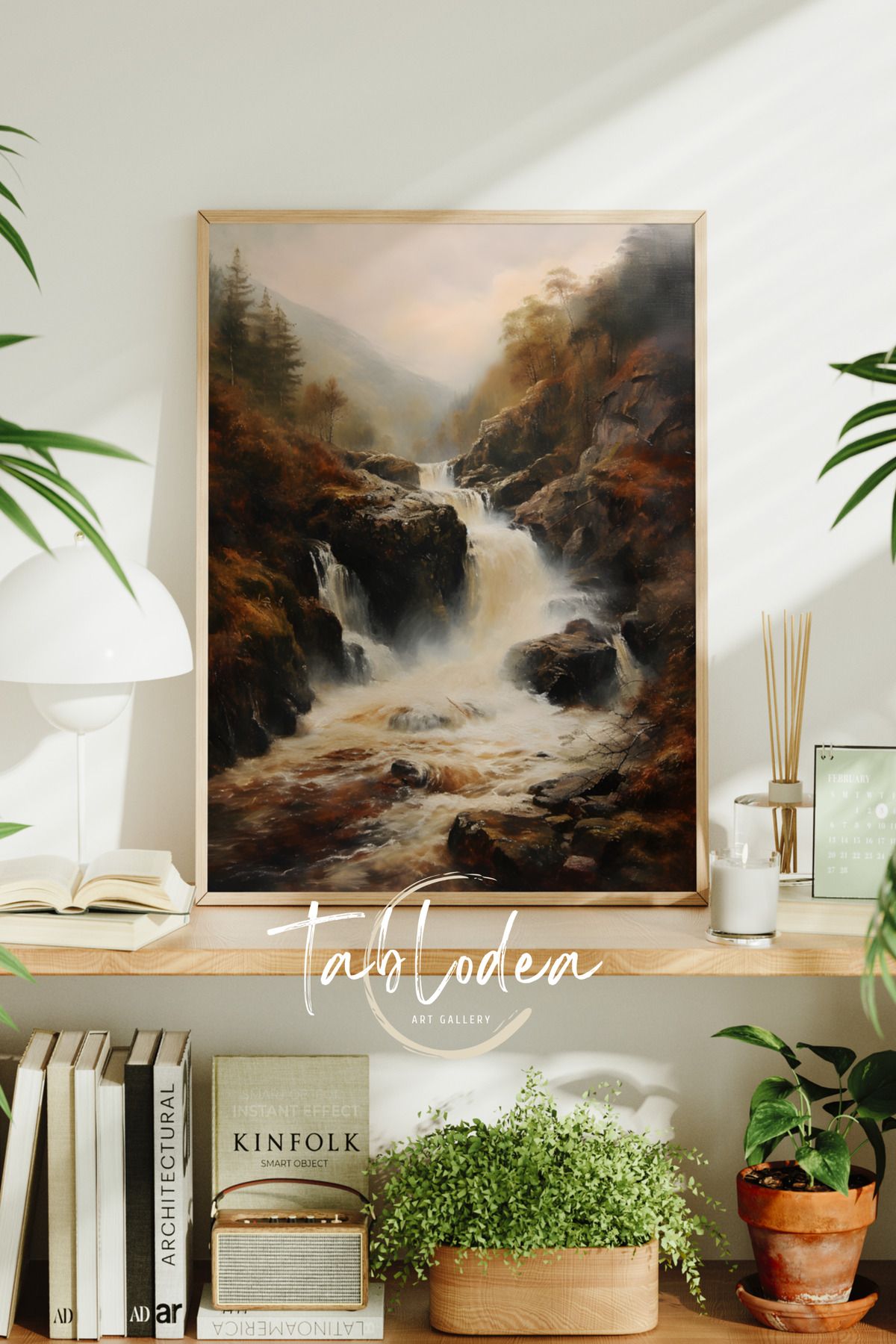 tablodea Vintage Doğa Manzarası Çerçeveli Poster Tablo, Bohem Şelale Temalı Dekoratif Modern Duvar Tablosu
