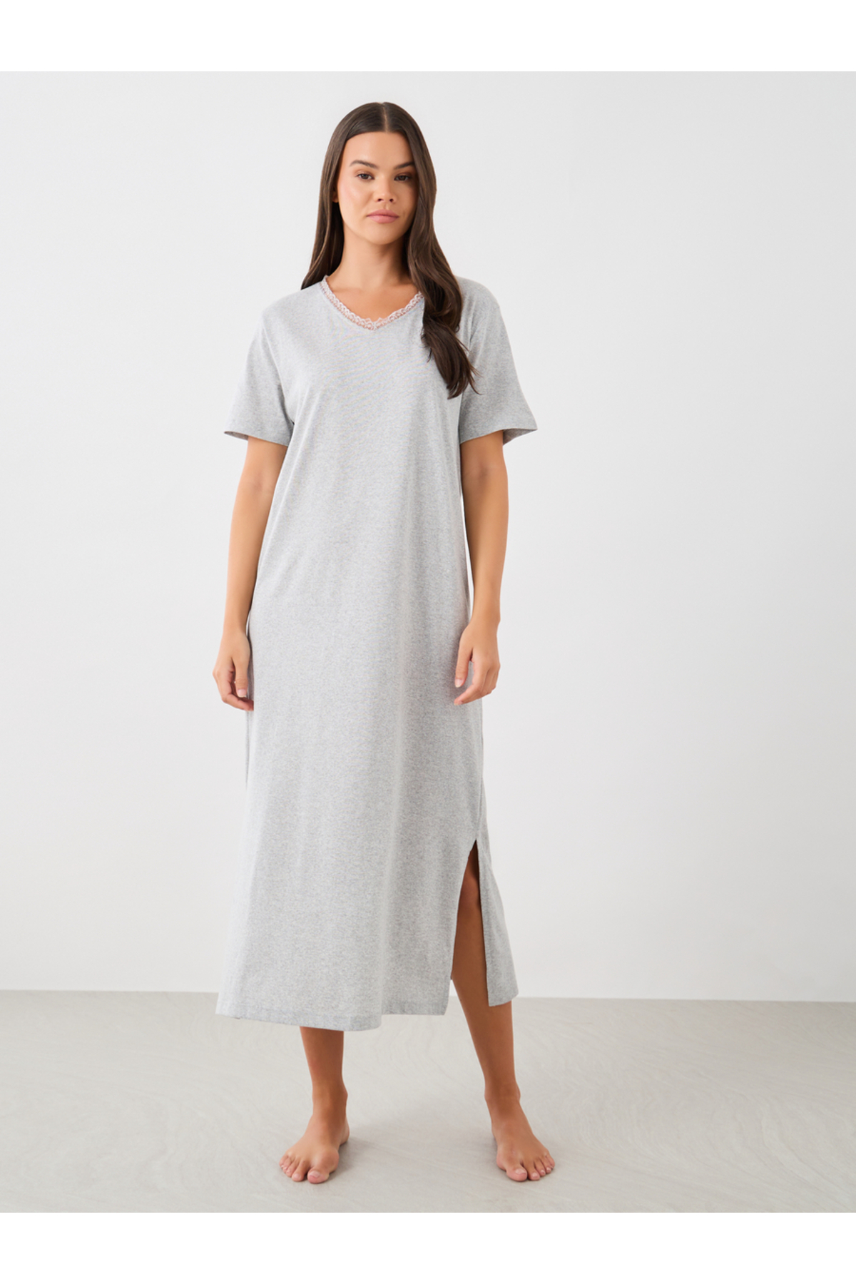 Styli Lace Trim V-Neck Side Slit Nightdress