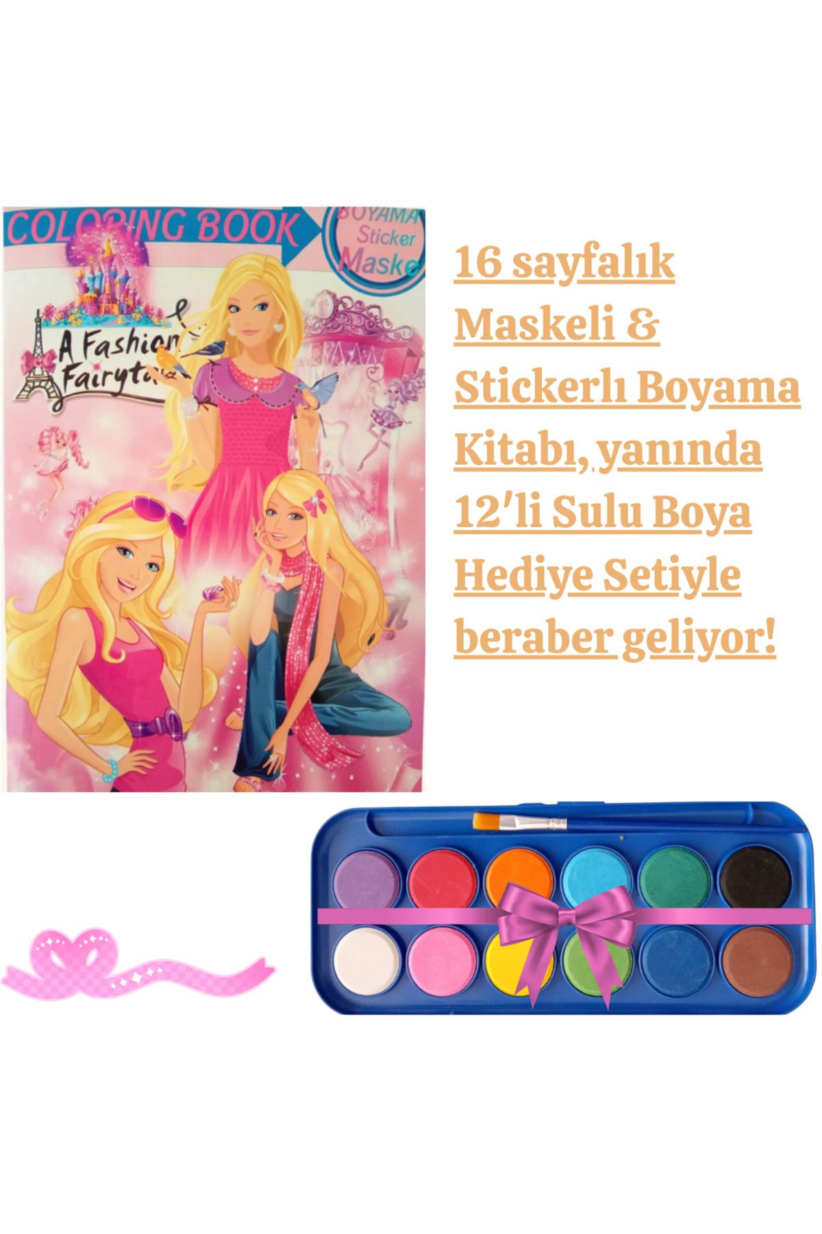 booddie Barbie Barbi Boyama Kitabı Stickerlı (arka Kapak Kesilerek Maskeli ) 12'li Sulu Boya Seti
