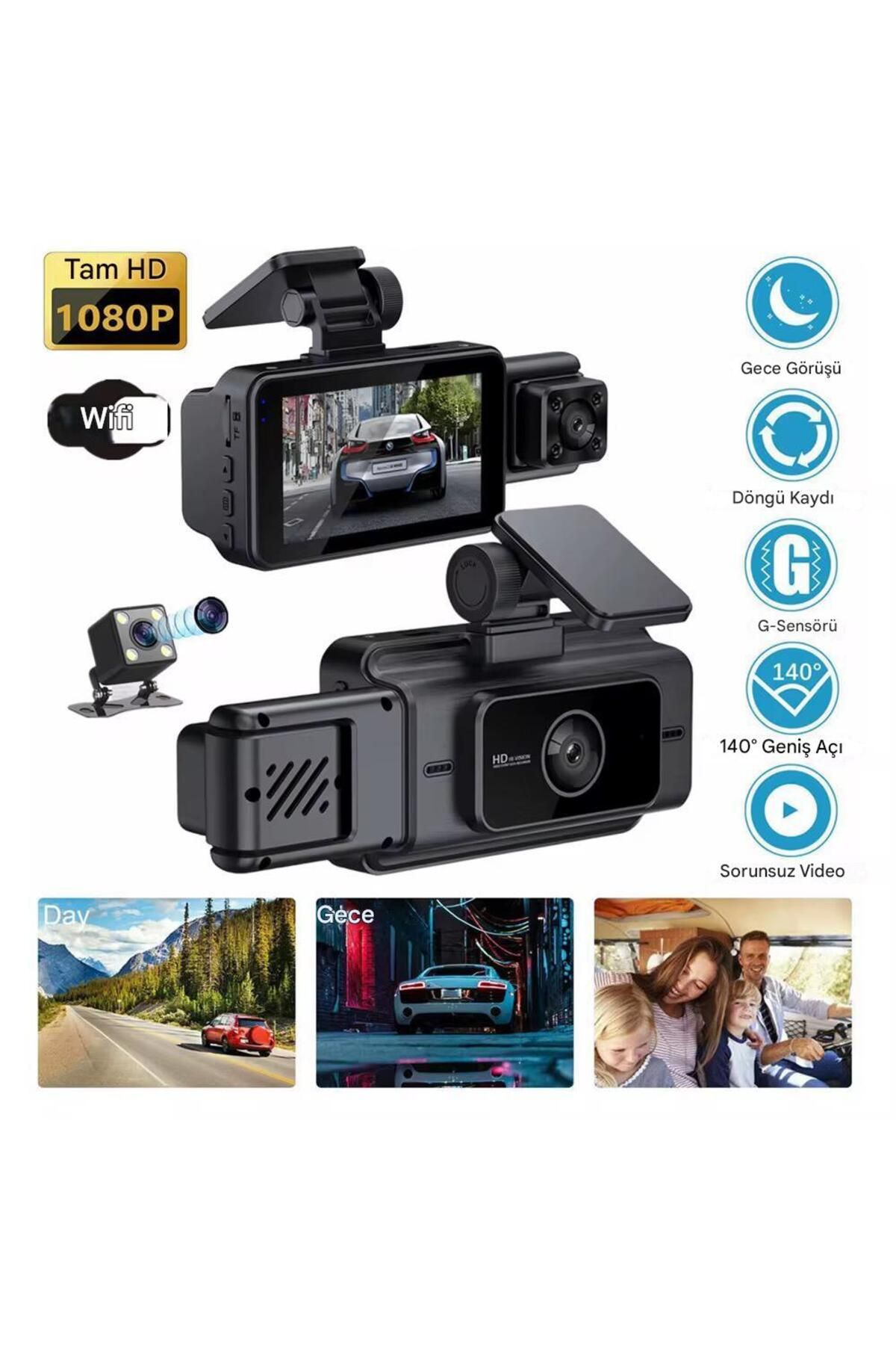 Qifit S15 Wi-Fi Full HD 3 Kameralı Araç İçi Güvenlik Kamerası 64GB IR Gece Görüşlü DashCam Kayıt