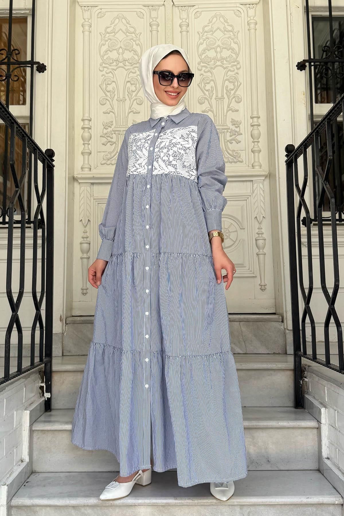 Nurcan Çetin Çizgili Elbise 25130A Lacivert