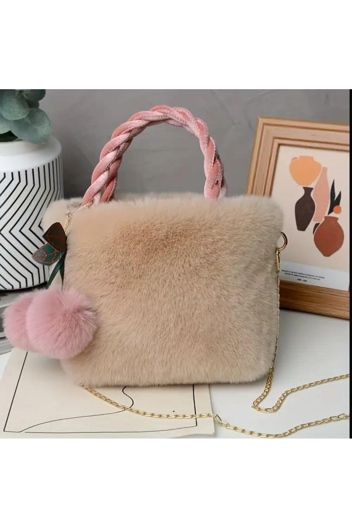 ORGANICYOU YIWU Kadınlar İçin Beyaz Kiraz Desenli Peluş Kürk Çanta