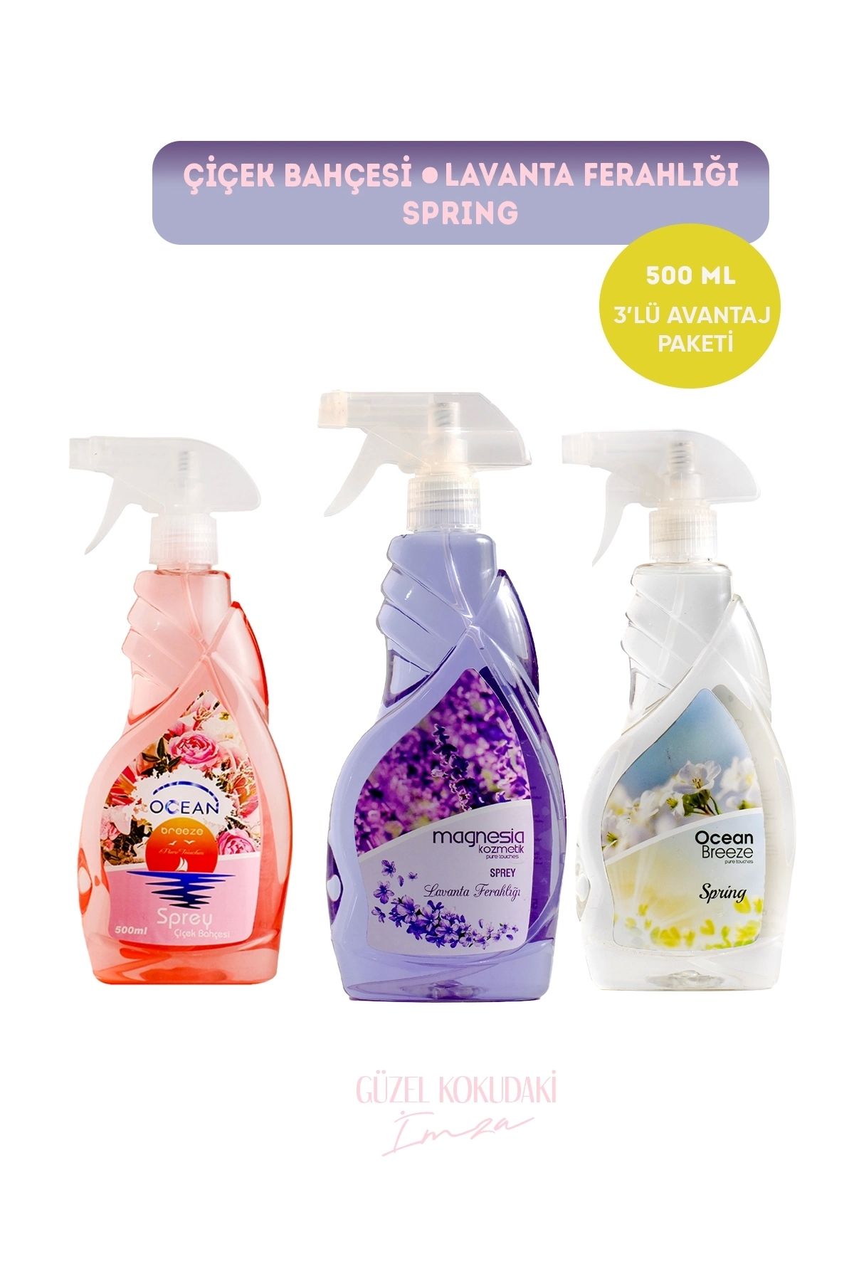 Magnesia Kozmetik Pure Touches MAGNESİA ODA/ORTAM SPREYİ (LAVANTA,ÇİÇEK BAHÇESİ,SPRİNG) 500ML AVANTAJLI 3LÜ SET