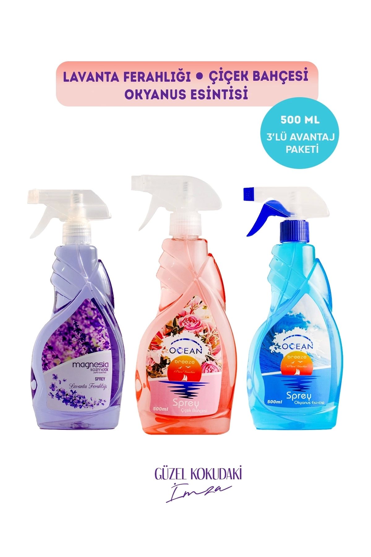 Magnesia Kozmetik Pure Touches MAGNESİA ODA/ORTAM SPREYİ (LAVANTA,ÇİÇEK BAHÇESİ,OKYANUS) 500ML AVANTAJLI 3LÜ SET