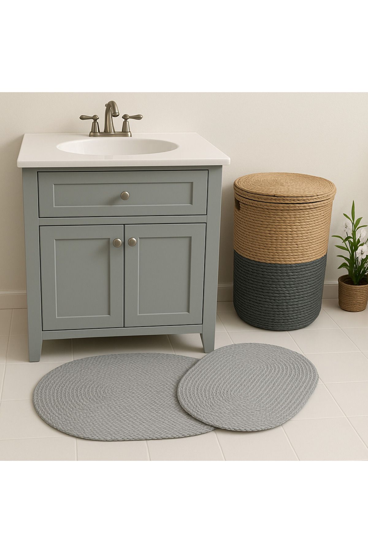 Home Doğal Örgü Oval Banyo Paspas Seti – 2’li El Yapımı Pamuklu Paspas