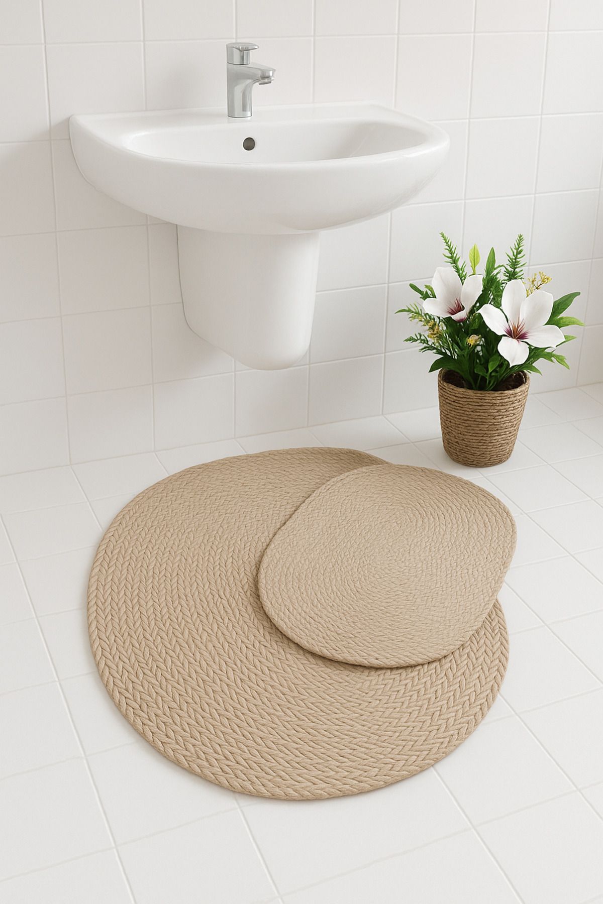 Home Doğal Örgü Oval Banyo Paspas Seti – 2’li El Yapımı Pamuklu Paspas